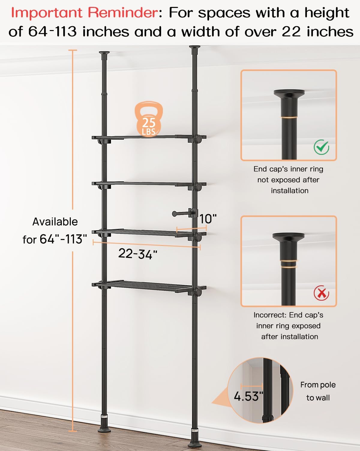 ALLZONE Adjustable Over The Toilet Storage Shelf, 4-Tier Ample Over Toilet Bathroom Organizer and Storage,Tension Mounted Above Toilet Storage Cabinet for Versatility, Fits 64-113 Inch Heights, Black