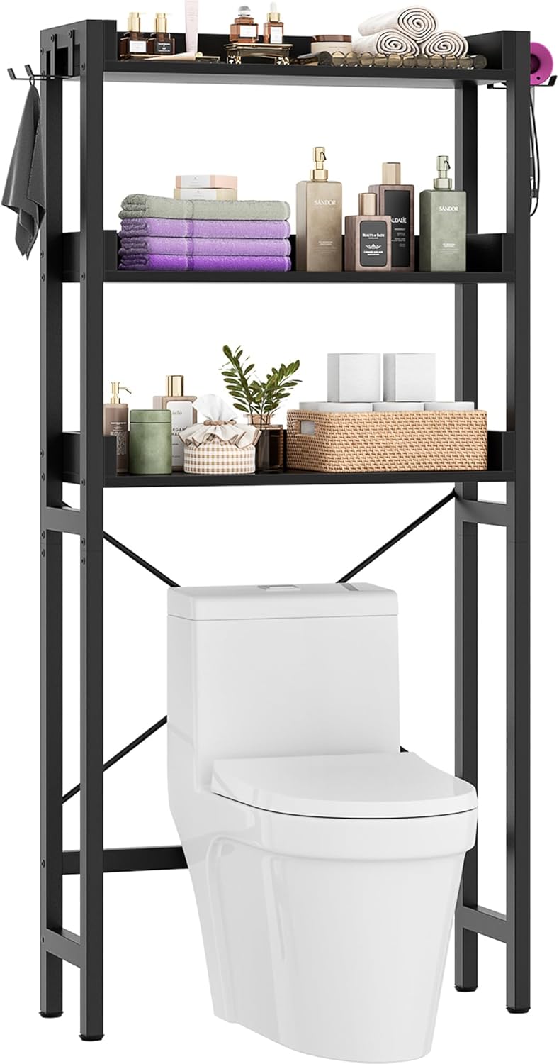 Over The Toilet Storage with 2 Drawers - 7 Tier Bathroom Organizer with Adjustable Shelf, Freestanding Space Saver Storage Rack Above Toilet Stand with 4 Hooks for Restroom, Laundry, Rustic Brown
