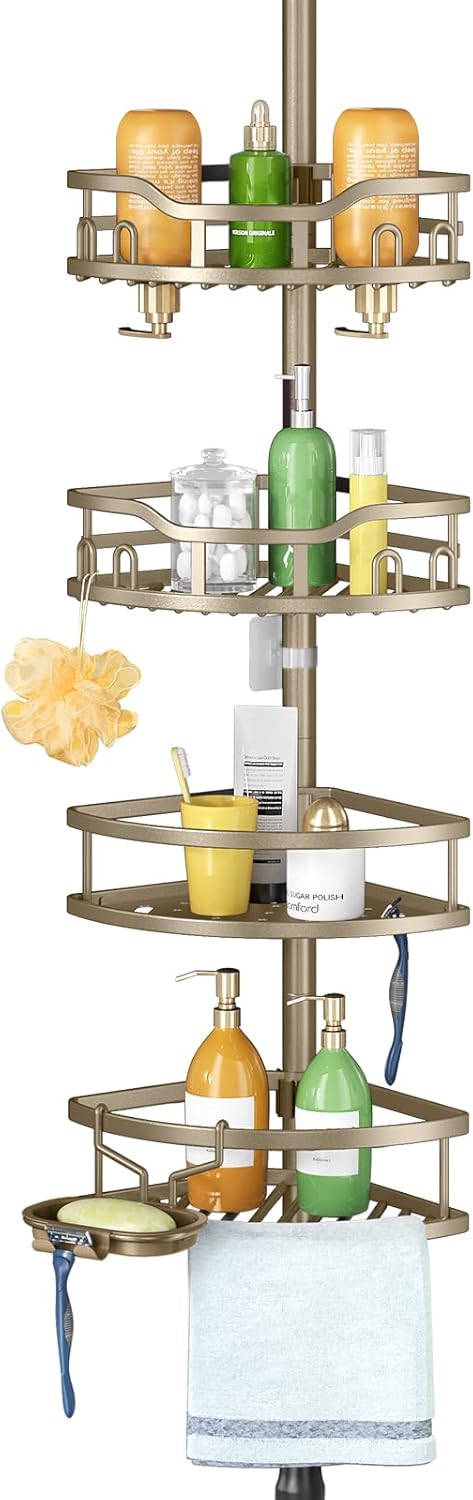 HAMITOR Corner Shower Caddy Tension Pole: Rustproof 4-Tier Bathroom Organizer Shelves for Bathtub Shampoo Storage - 47-121 Inch Quick Install Adjustable Rod Standing Rack with Soap Rack - Silver Gray