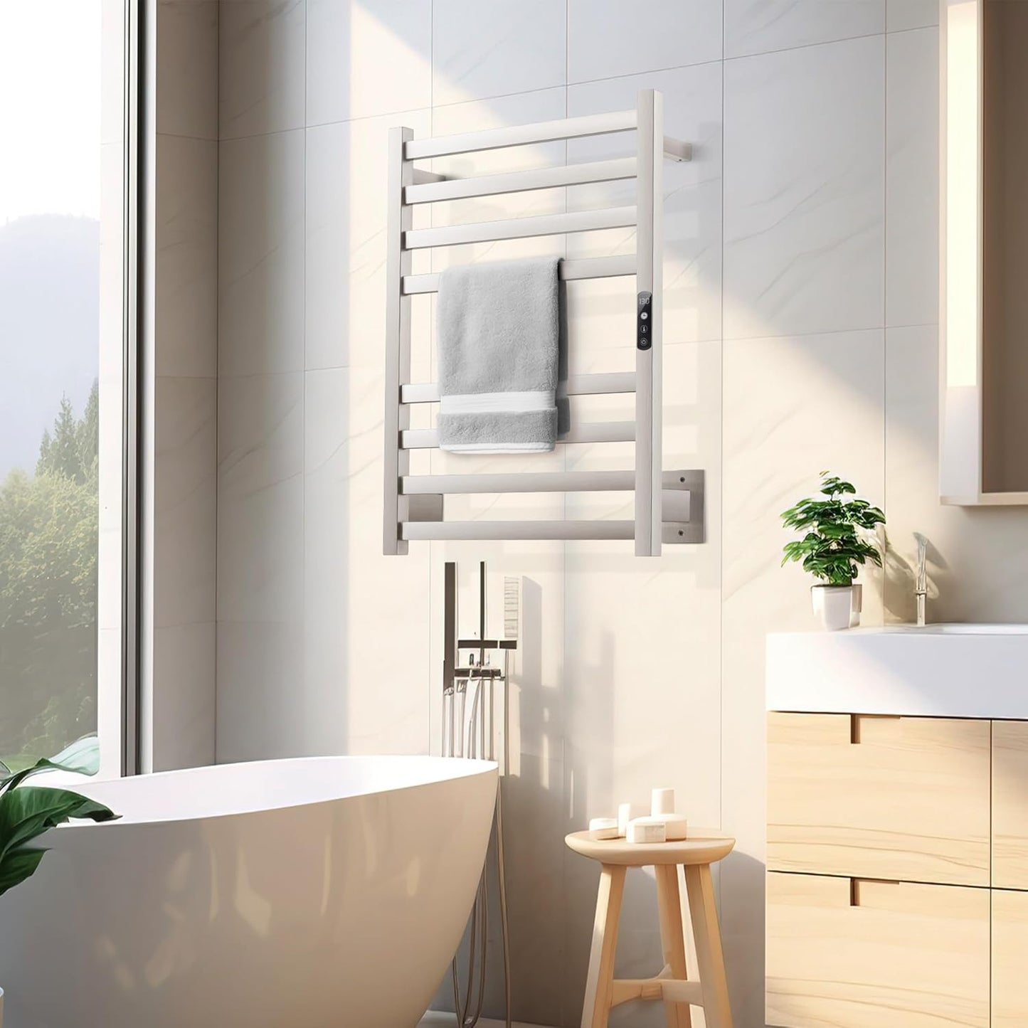 Towel Warmer Brushed Heated Towel Rack for Bathroom Wall Mounted Electric Towel Dryer Rack with Temperature Control and 24 Timer Plug-in/Hardwired