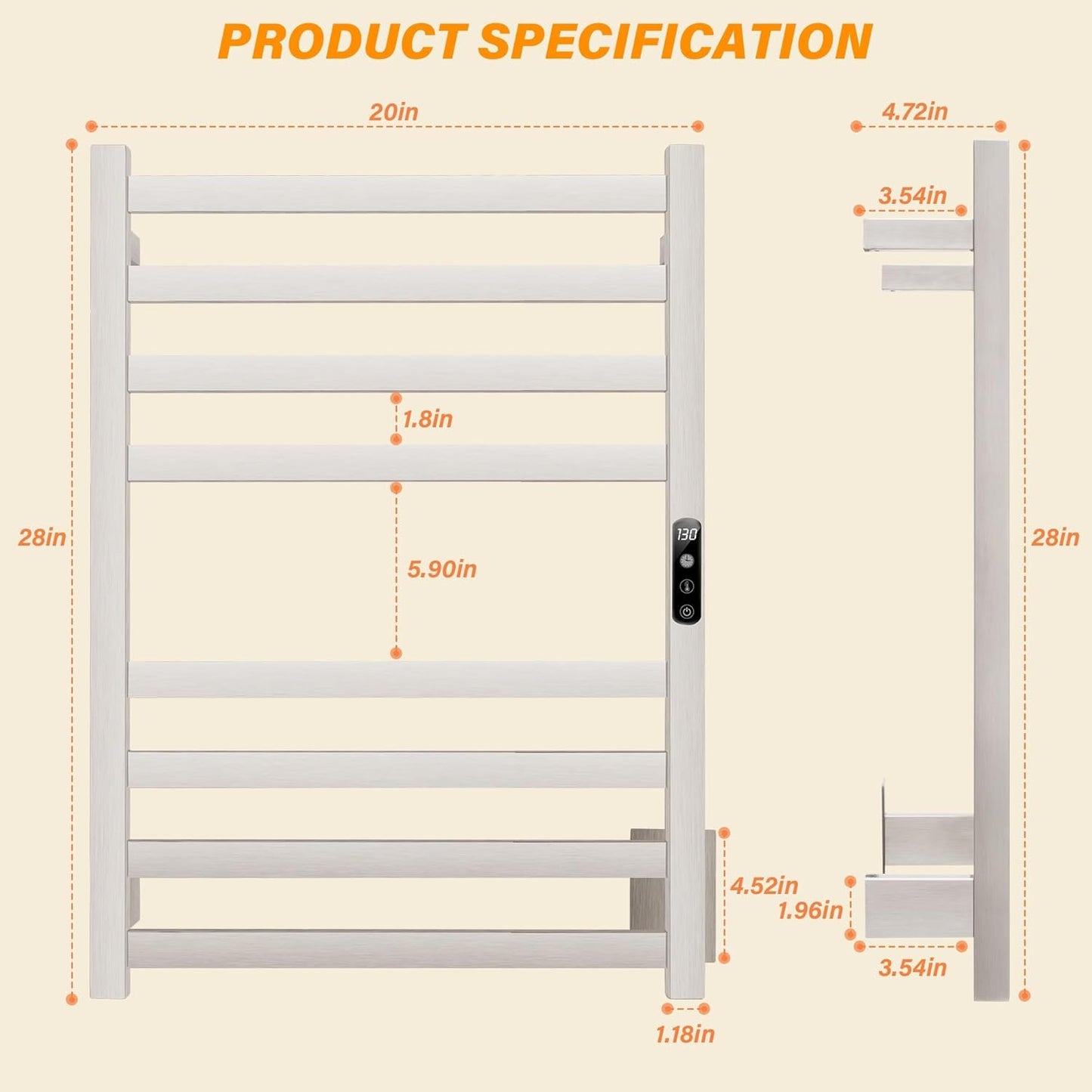 Towel Warmer Brushed Heated Towel Rack for Bathroom Wall Mounted Electric Towel Dryer Rack with Temperature Control and 24 Timer Plug-in/Hardwired