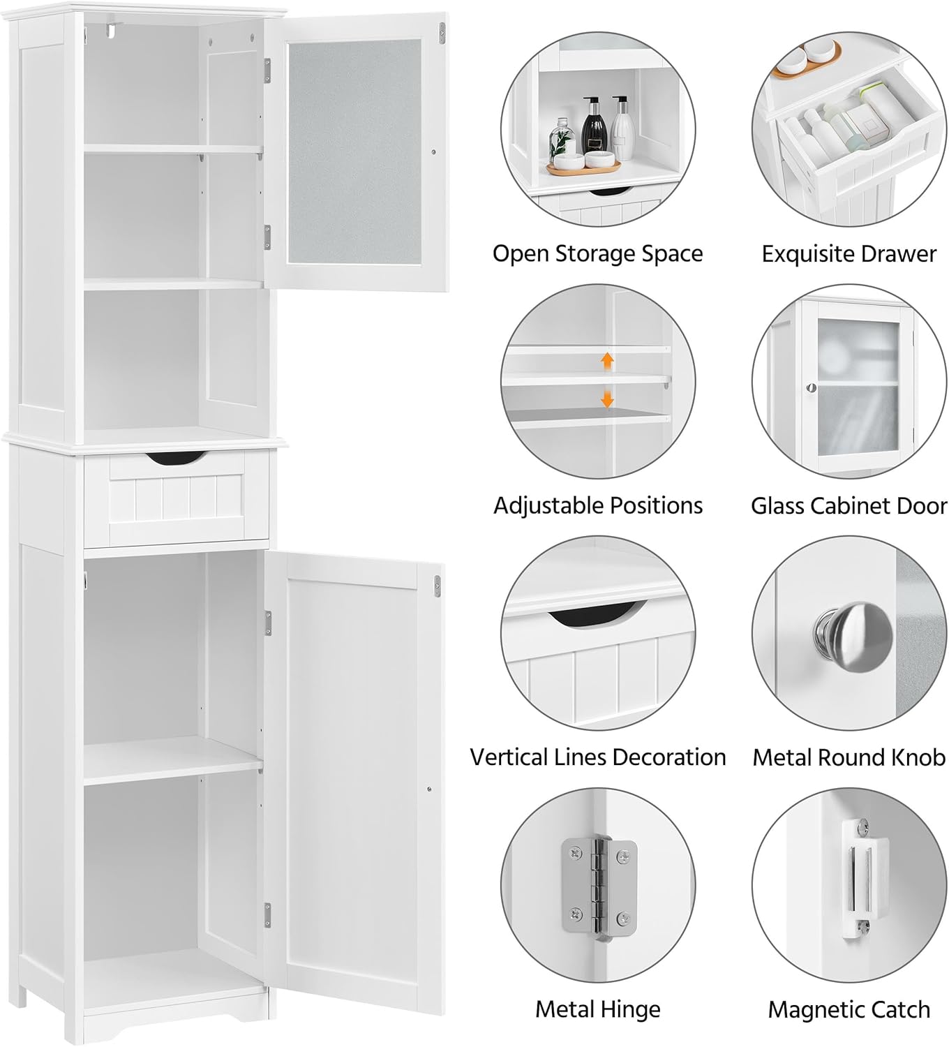 Yaheetech Tall Bathroom Storage Cabinet 67″, Wooden Floor Cabinet with Glass Door, Freestanding StorageOrganizer with Adjustable Shelves, 1 Drawer and Open Storage for Bathroom, Kitchen, Living Room