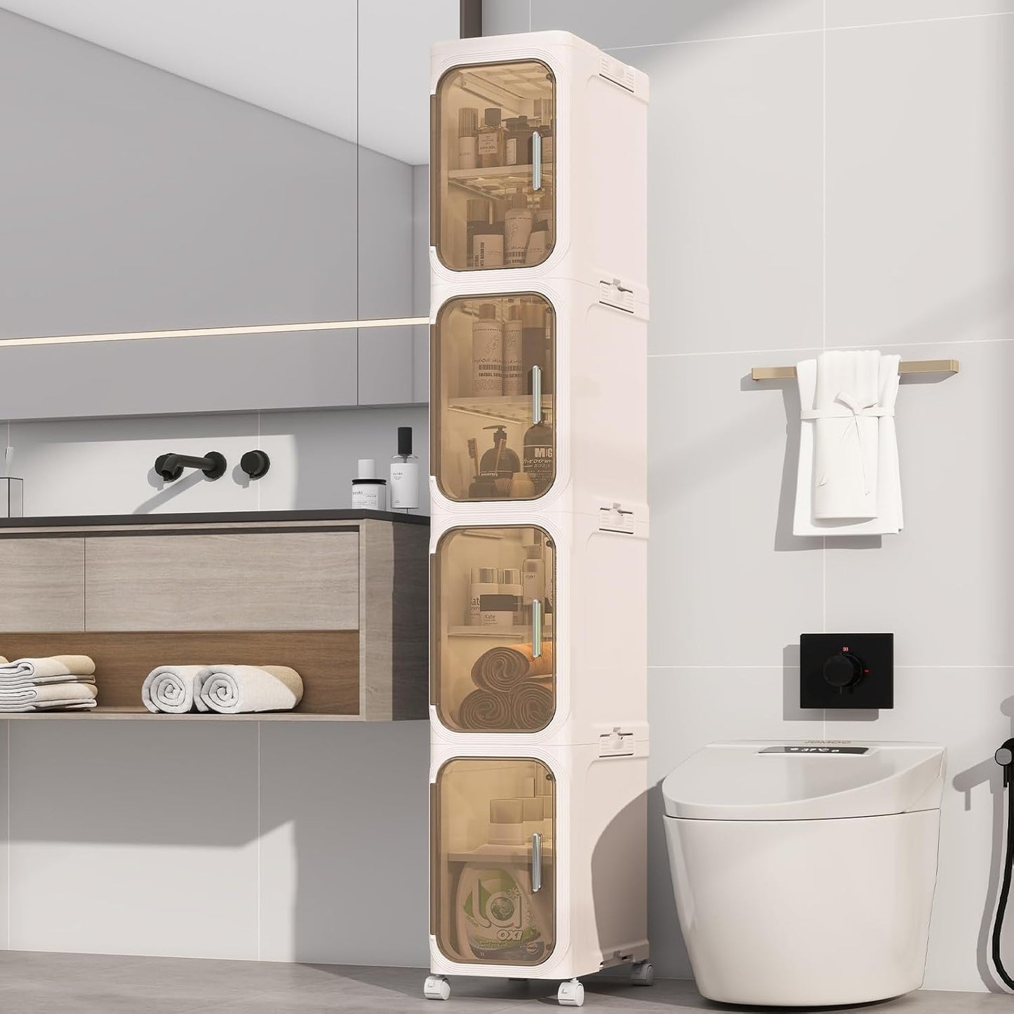 KHNR 4-Tiers Slim Bathroom Storage Cabinet, Foldable Storage Cabinets,Narrow Bathroom Storage,Movable Bathroom Storage Organizer for Small Spaces,Bathroom,Kitchen,Laundry,White
