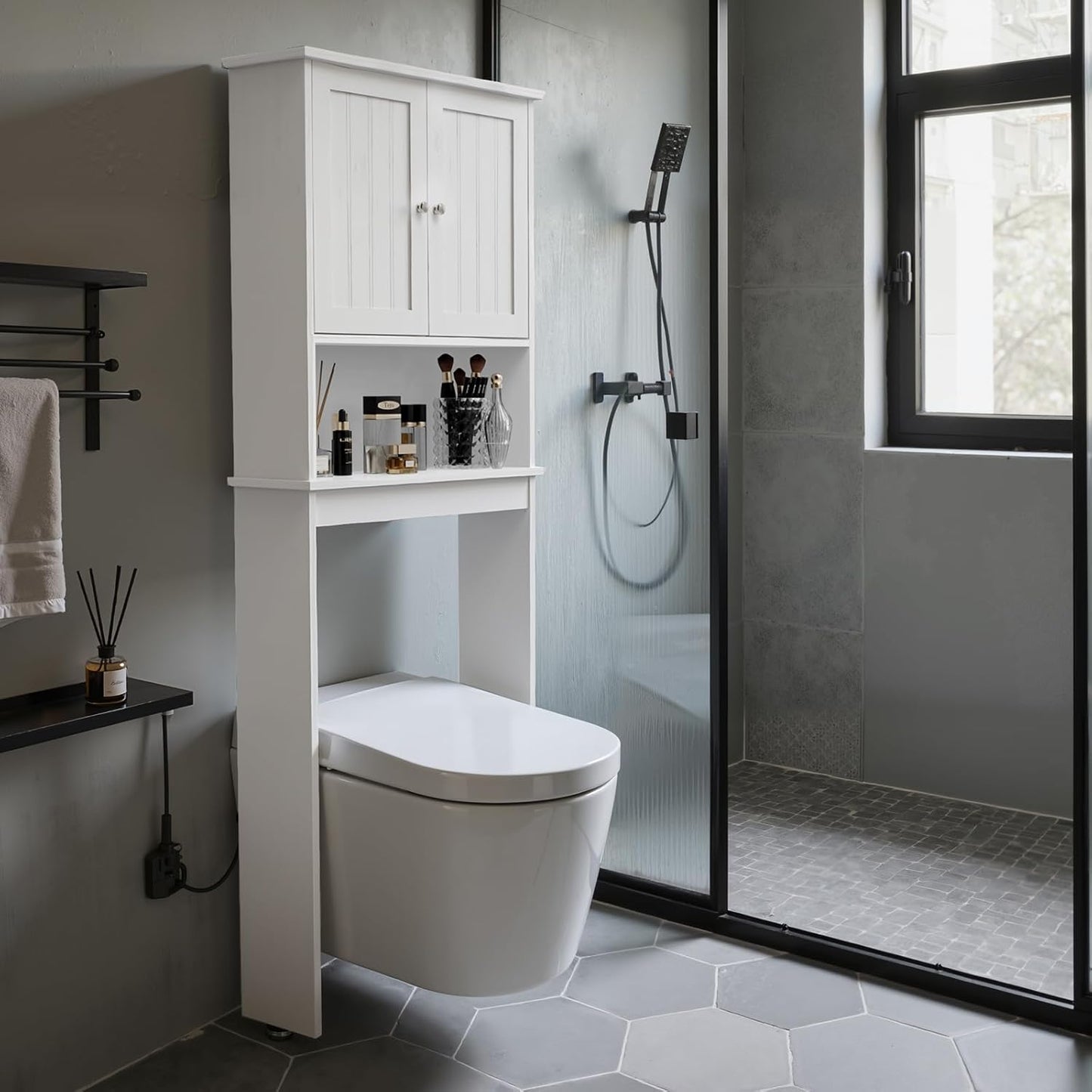 Over The Toilet Storage Cabinet, 3-Tier Bathroom Organizer with Rattan Door, Wooden Space Saver for Restroom, Bathroom, Laundry