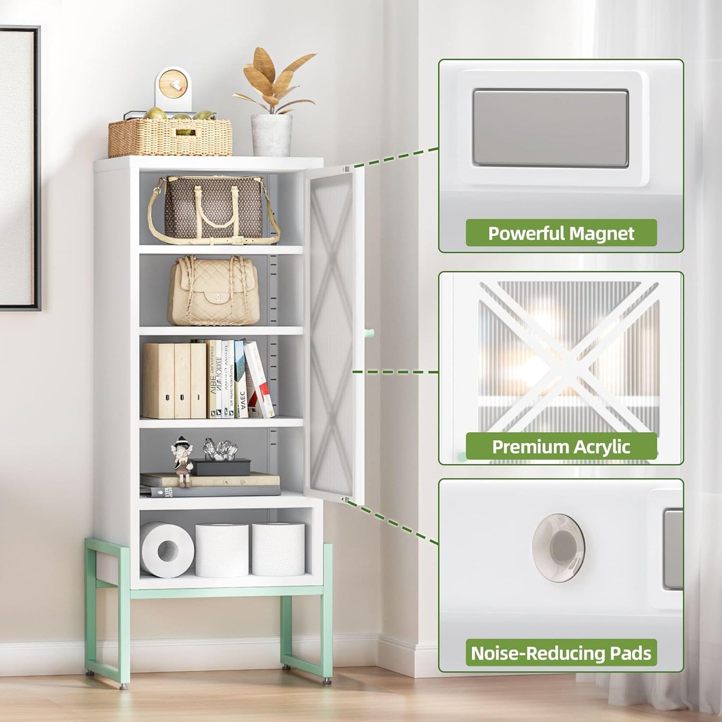 Small Bathroom Storage Cabinet with Doors and Adjustable Shelves, 42.51" H Metal Floor Cabinet for Bathroom, Laundry Room, and More - Rustproof & Waterproof