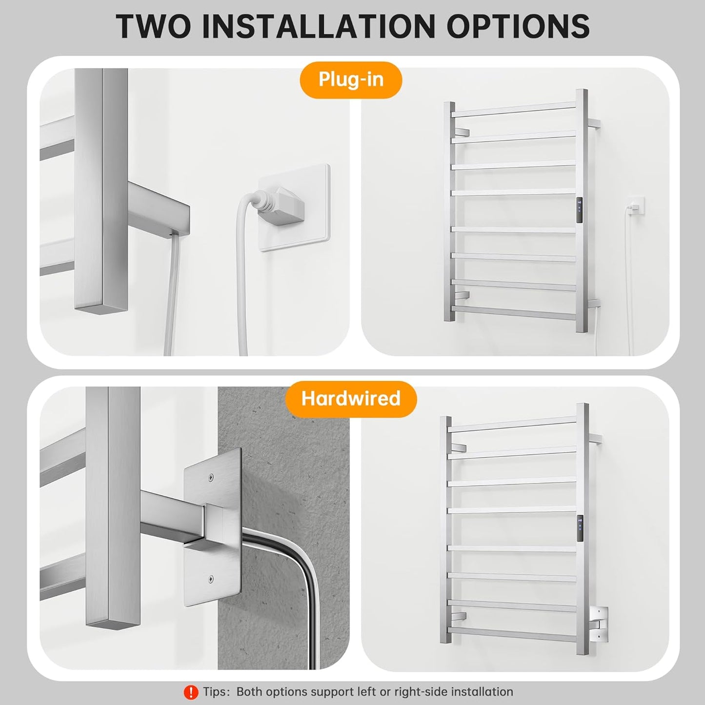 Towel Warmer Rack, Heated Towel Racks for Bathroom, Wall Mounted Towel Warmer, Stainless Steel 8-Bars Drying Rack with Intelligent Touch Screen Timer, Brushed Nickel