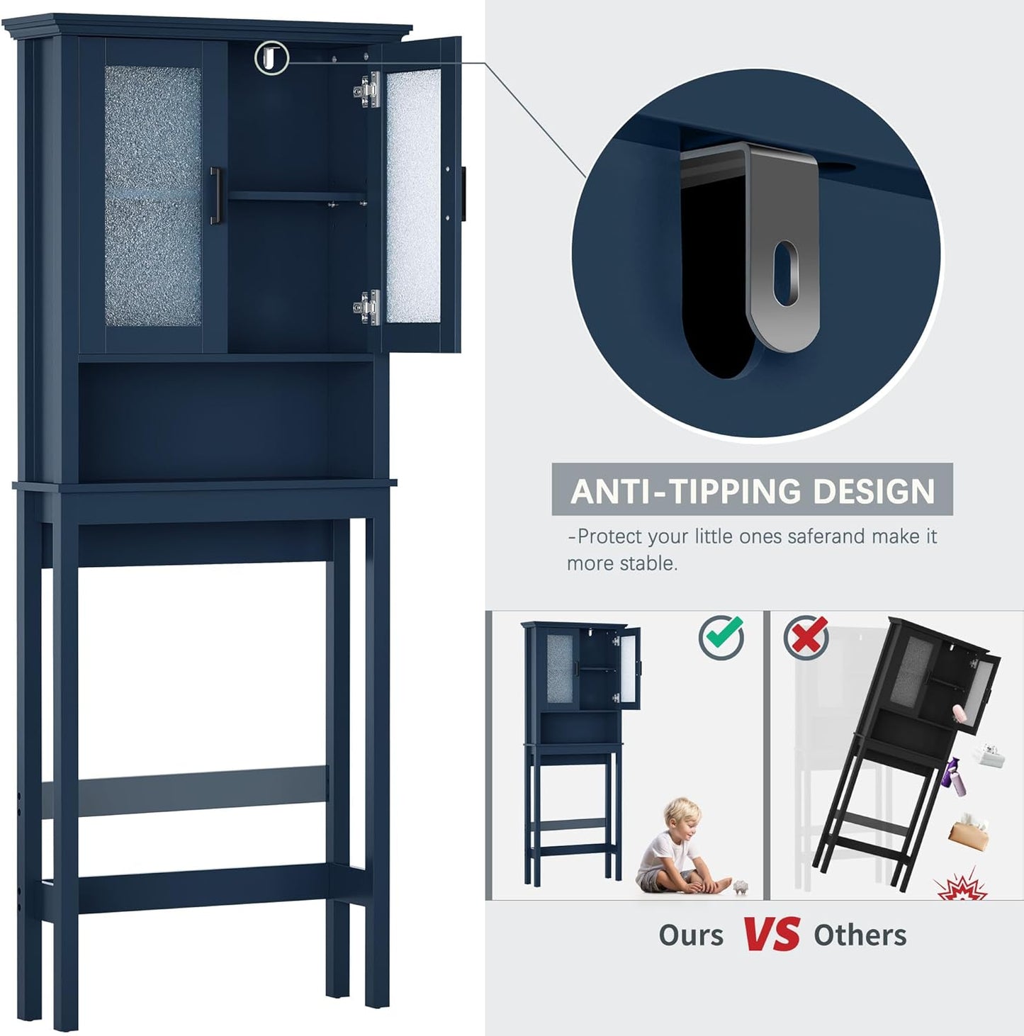 Over The Toilet Storage Cabinet, Over Toilet Storage Bathroom Cabinet with Glass Door and Adjustable Shelf, Above The Toilet Cabinet Behind Toilet Bathroom Organizer, Ultramarine