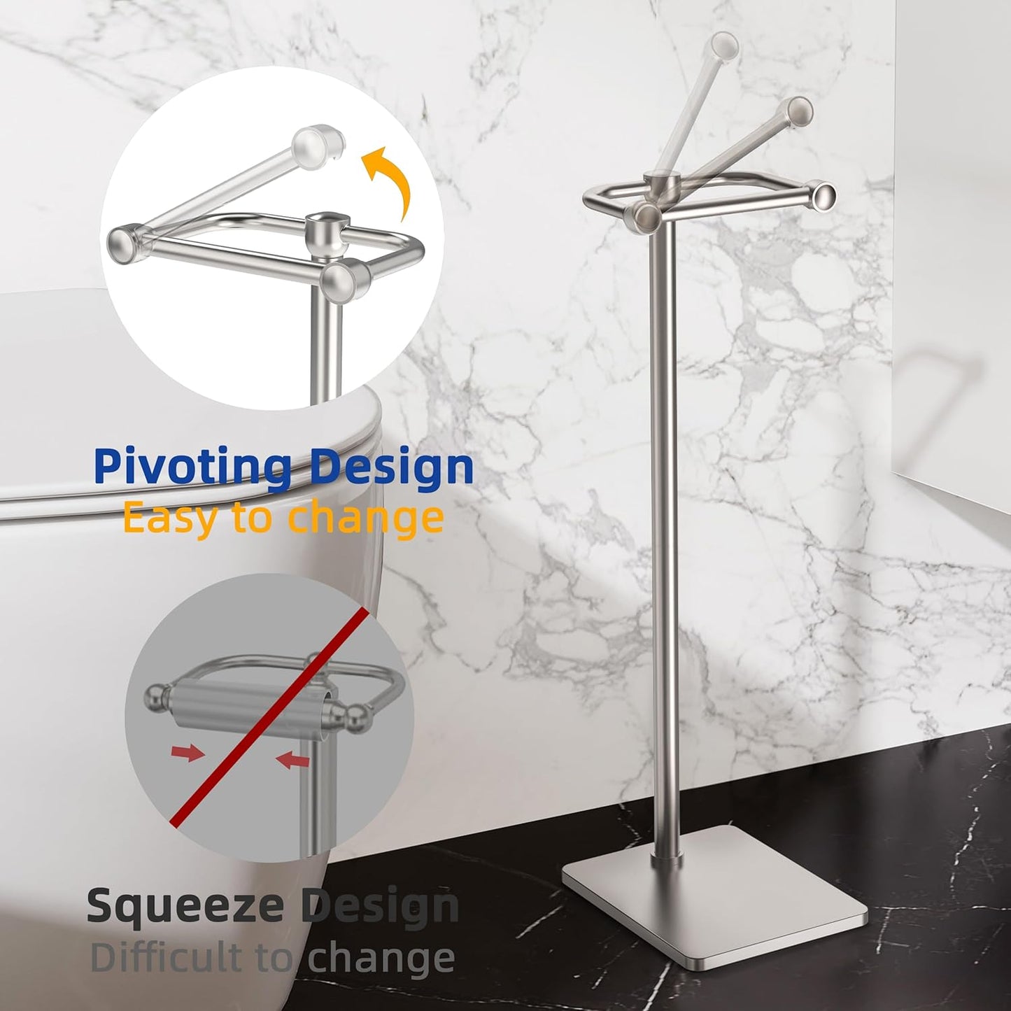RUACQ Toilet Paper Holder Stand, Bathroom Toilet Paper Roll Holder Free Standing, Toilet Tissue Holder Stand with Post Pivoting Design, Stable Weighted Base, SUS304 Stainless Steel (Brushed Nickel)