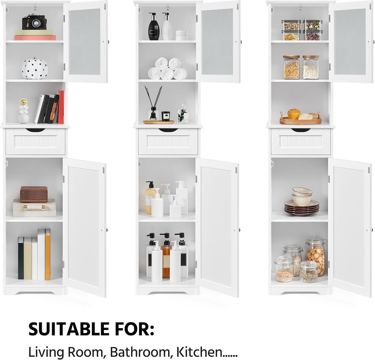 Yaheetech Tall Bathroom Storage Cabinet 67″, Wooden Floor Cabinet with Glass Door, Freestanding StorageOrganizer with Adjustable Shelves, 1 Drawer and Open Storage for Bathroom, Kitchen, Living Room