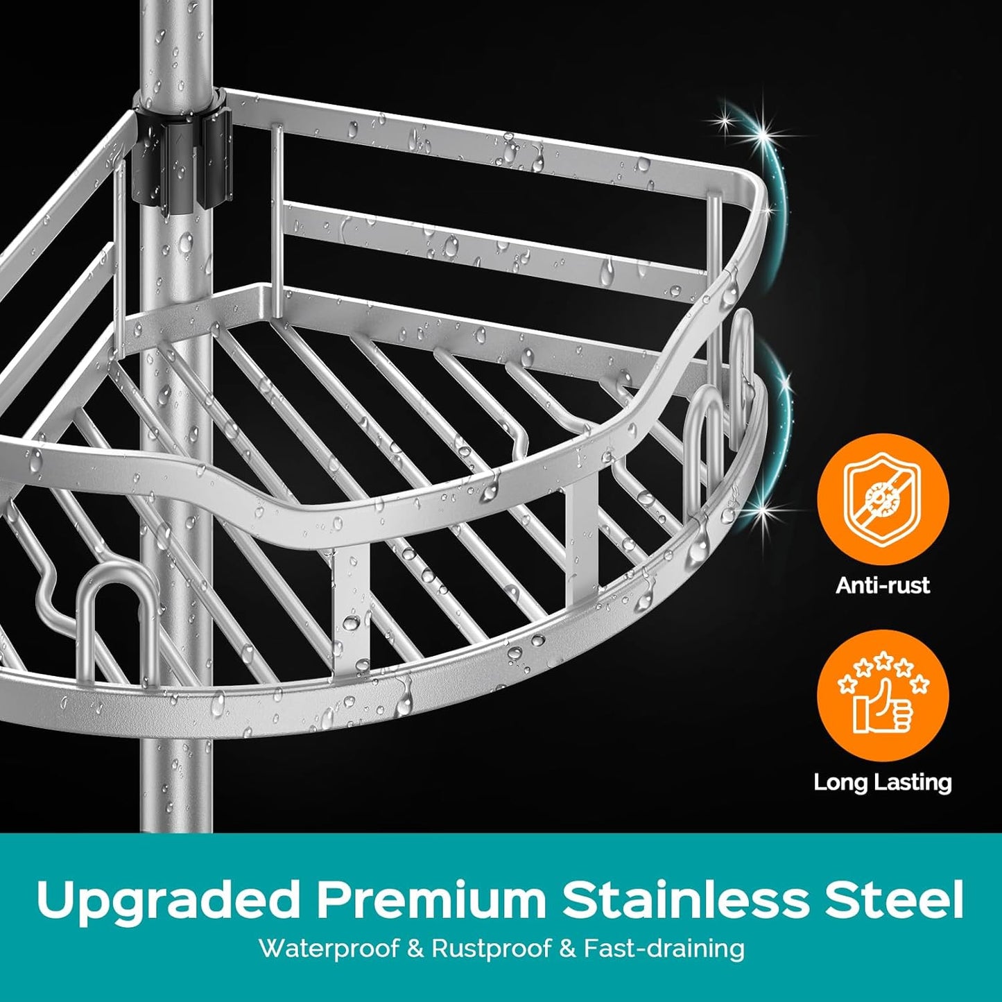 HAMITOR Corner Shower Caddy Tension Pole: Rustproof 4-Tier Bathroom Organizer Shelves for Bathtub Shampoo Storage - 47-121 Inch Quick Install Adjustable Rod Standing Rack with Soap Rack - Silver Gray