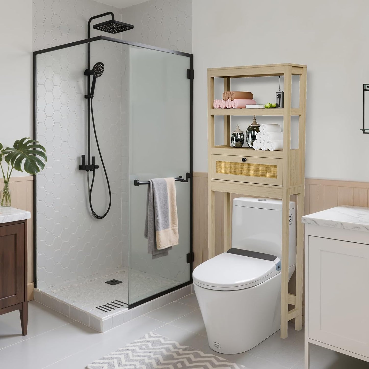 Over The Toilet Storage Cabinet, 3-Tier Bathroom Organizer with Rattan Door, Wooden Space Saver for Restroom, Bathroom, Laundry