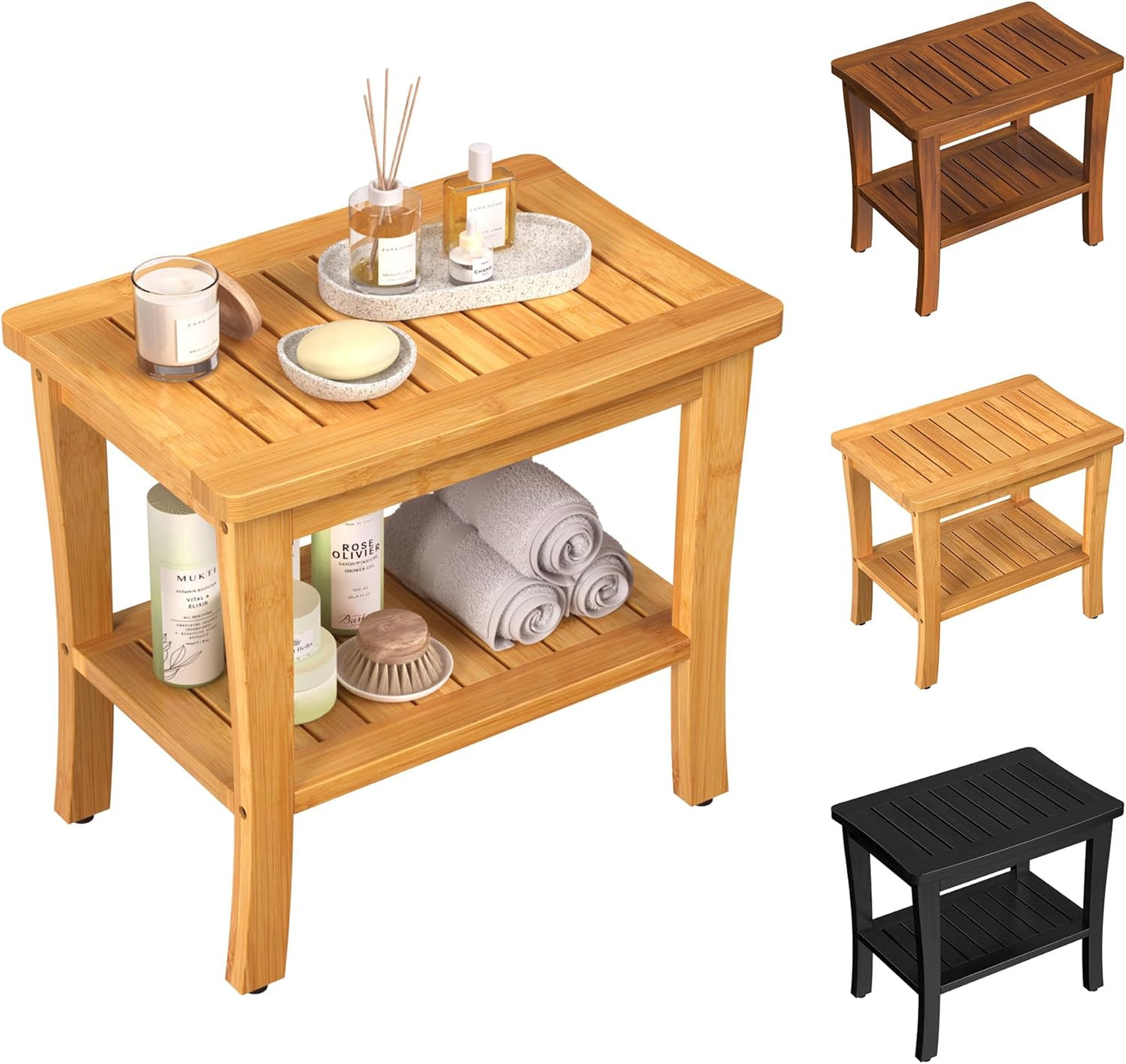 Teak Wood Shower Bench Stool with Storage Shelf, Wooden Waterproof Bathroom Spa Bathing Teak Shower Stool with Non-Slip Feet Gadget 2024 for Indoor or Outdoor Shower Chair Seat Organizer