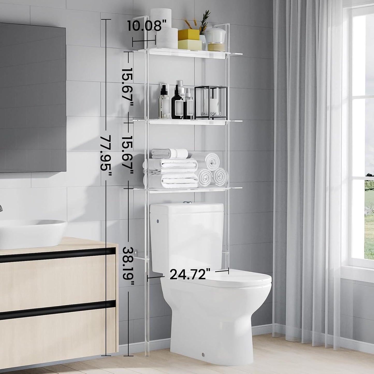 Sumerflos Acrylic Over The Toilet Storage Shelf - 3 Tier Clear Over-The-Toilet Bathroom Organizer Rack Above Toilet Shelves Standing for Bathroom Living Room Bedroom Modern