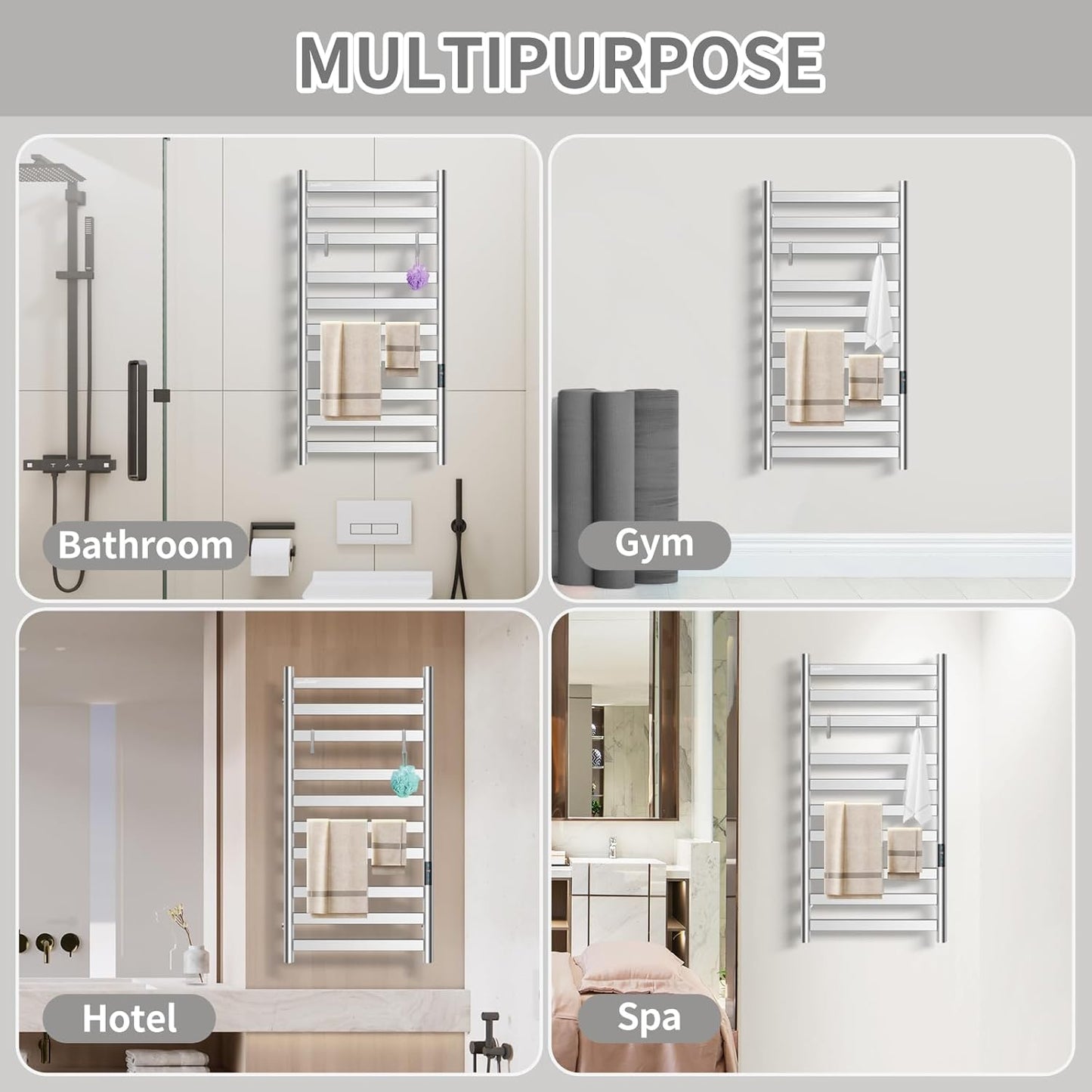 Heated Towel Rack for Bathroom, Towel Warmer with 10 Bar Flat Rack Large, Electric Hot Towel Rack Wall Mounted, LED Buit-in Timer, Plug-in, Stainless Steel, Fast Heating, Nickel