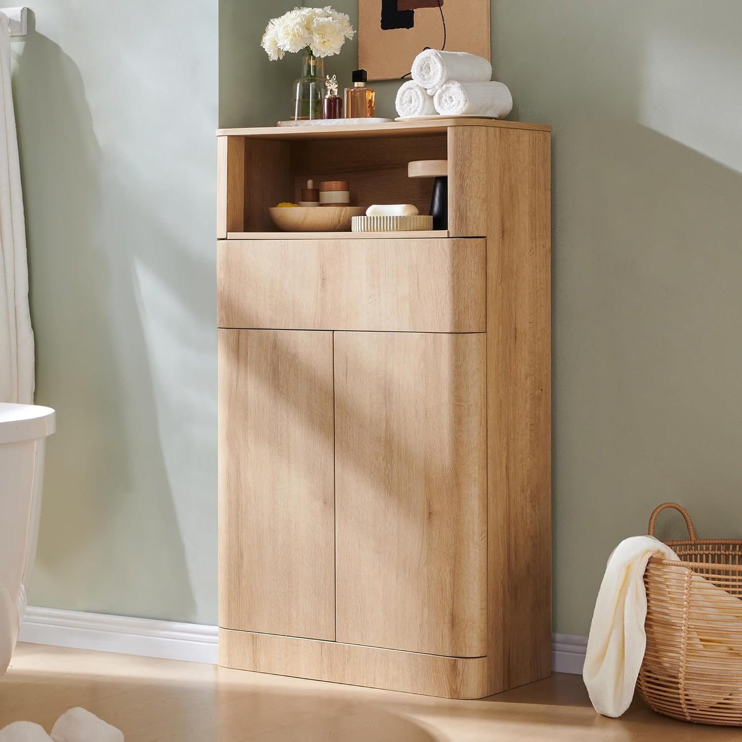 ACCOHOHO Modern Over The Toilet Storage Cabinet with Adjustable Shelf & Handle-Less Double Doors, 67 Inch Tall Wooden Bathroom Cabinet, Natural Oak
