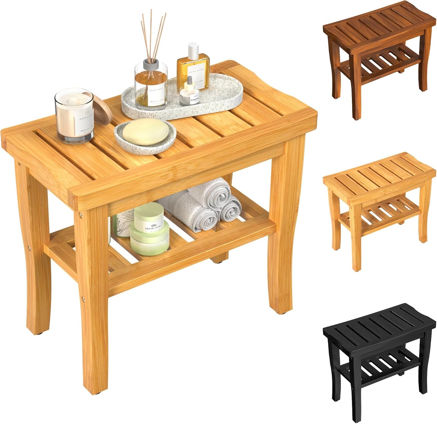 Teak Wood Shower Bench Stool with Storage Shelf, Wooden Waterproof Bathroom Spa Bathing Teak Shower Stool with Non-Slip Feet Gadget 2024 for Indoor or Outdoor Shower Chair Seat Organizer