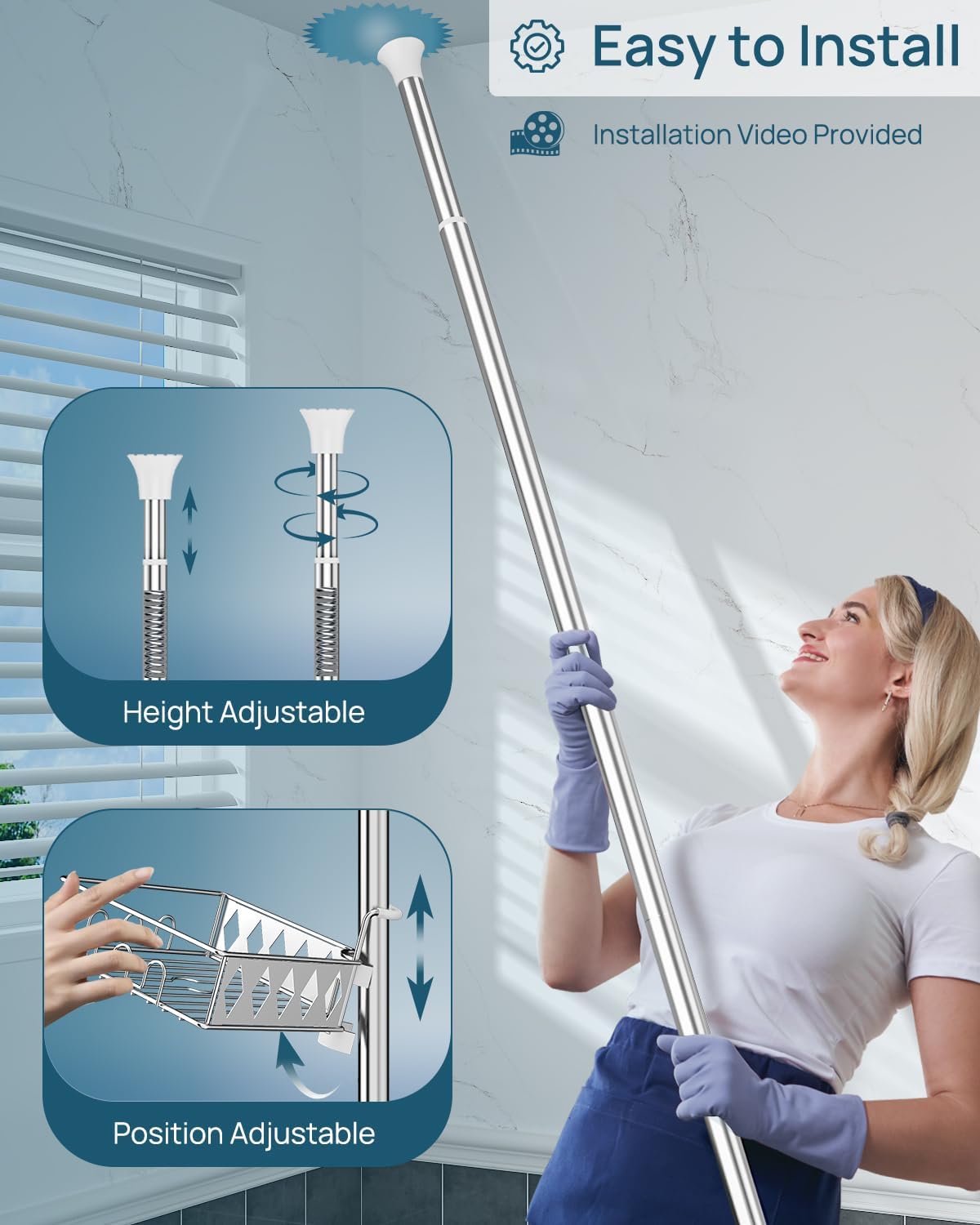 SElRIONE Corner Shower Caddy Tension Pole, Quick Setup, Rust-Free Bathroom Shower Organizer Corner for Bathtub Shampoo Storage, 4-Tier Adjustable Shelf, Drill Free, Fits 34 to 116 Inch Height