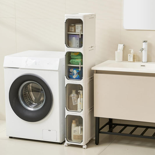 4-Tier Narrow Storage Cabinet with Magnetic Doors and Shelves, Plastic Slim Bathroom Organizers and Storage with Wheels for Small Spaces Bathroom, Kitchen, Laundry Room, White