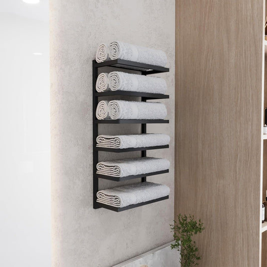 Modern 5-Tier/6-Tier Towel Rack - Wall-Mounted Black Metal Towel Shelf for Bathroom, Space-Saving Storage for Towels, Organizers, and Home Decor (6-Tier)