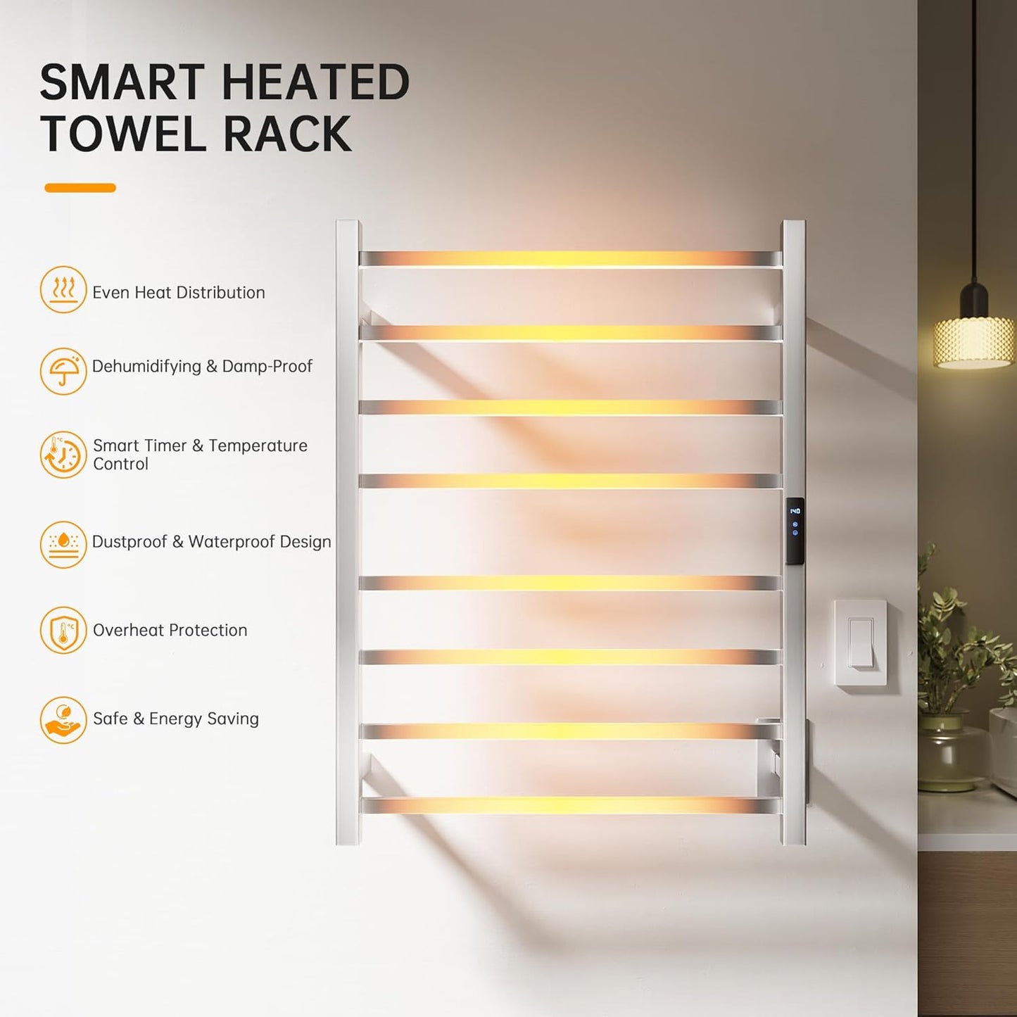 Towel Warmer Rack, Heated Towel Racks for Bathroom, Wall Mounted Towel Warmer, Stainless Steel 8-Bars Drying Rack with Intelligent Touch Screen Timer, Brushed Nickel