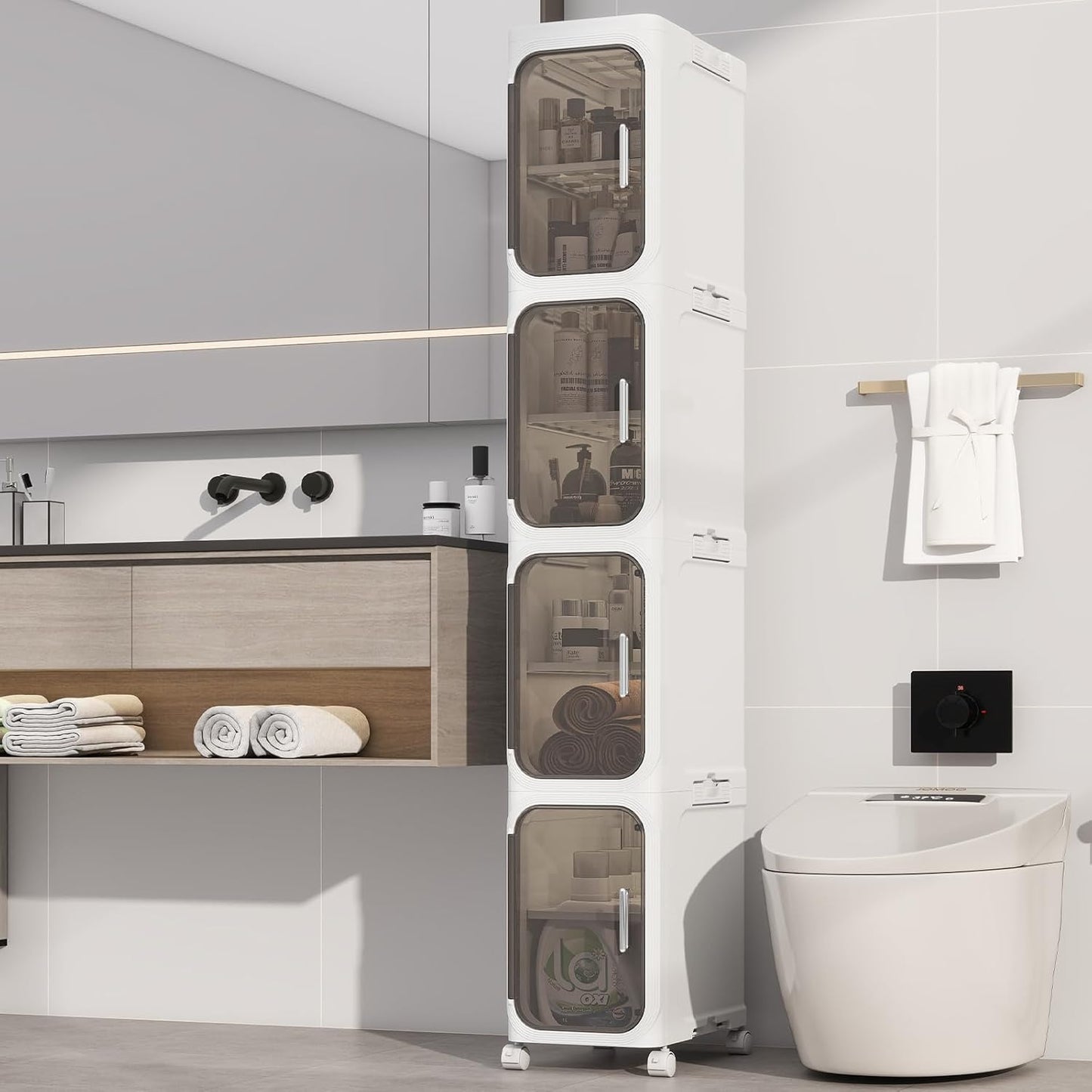 KHNR 4-Tiers Slim Bathroom Storage Cabinet, Foldable Storage Cabinets,Narrow Bathroom Storage,Movable Bathroom Storage Organizer for Small Spaces,Bathroom,Kitchen,Laundry,White