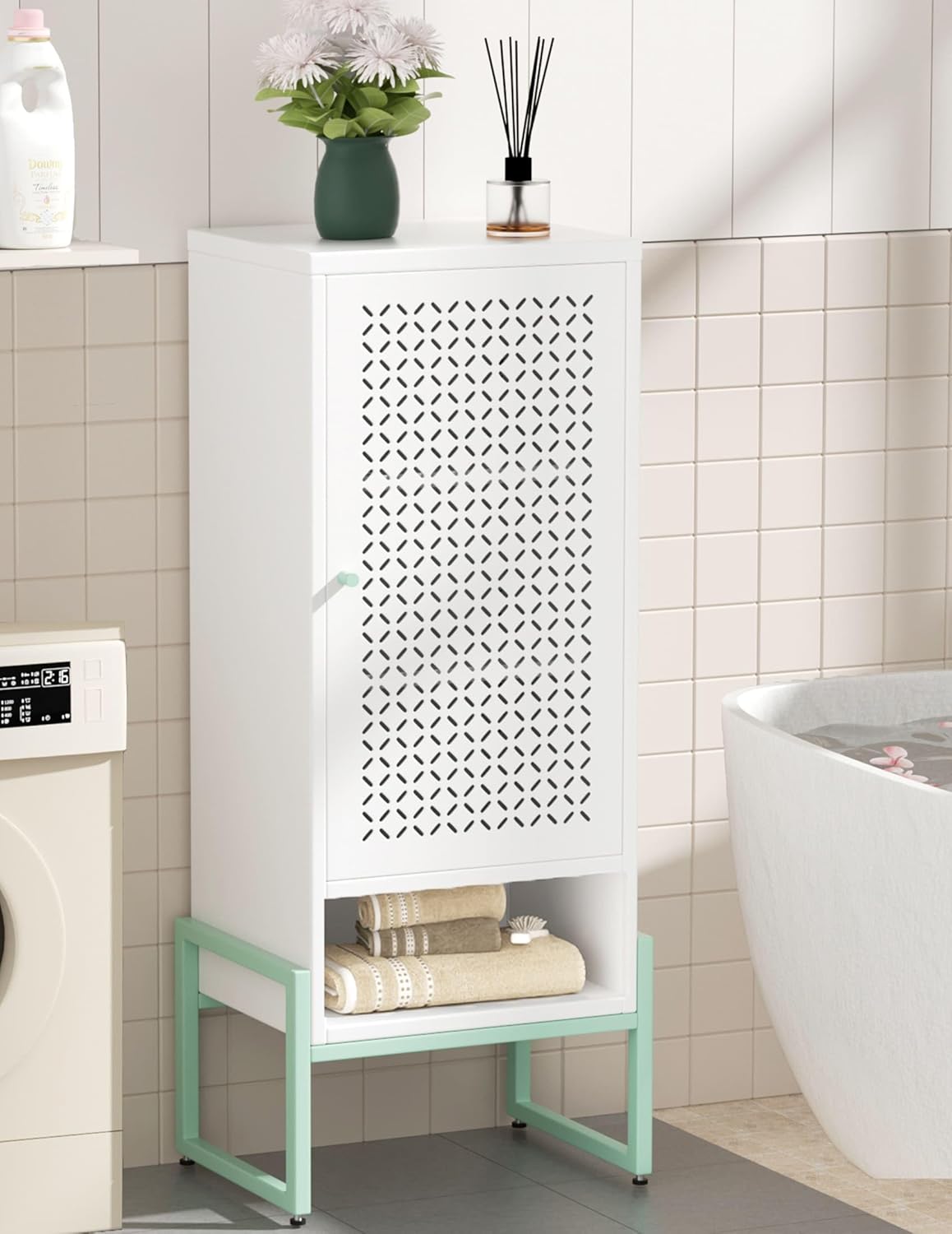 Small Bathroom Storage Cabinet with Doors and Adjustable Shelves, 42.51" H Metal Floor Cabinet for Bathroom, Laundry Room, and More - Rustproof & Waterproof