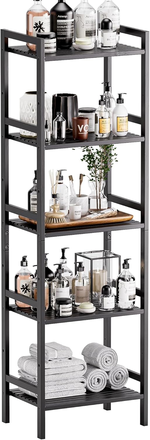 HITNET Bamboo Book Shelf, Tall Narrow Bookcase, Bathroom Shelving Unit 5 Tier Floor Standing Adjustable Bookshelf for Small Spaces, Walnut