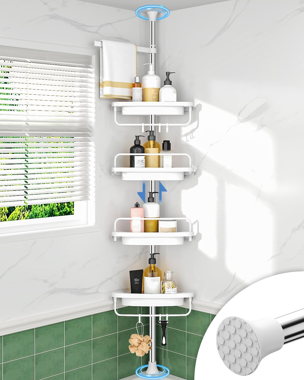ALLZONE Corner Shower Caddy Tension Pole – Upgraded Rust-Free Stainless Steel Shower Organizer with Adjustable Storage Shelves, Drill-Free Installation, Quick Setup, Extends from 34 to 116 Inches