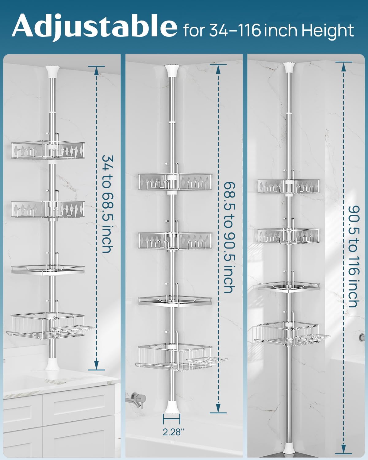 SElRIONE Corner Shower Caddy Tension Pole, Quick Setup, Rust-Free Bathroom Shower Organizer Corner for Bathtub Shampoo Storage, 4-Tier Adjustable Shelf, Drill Free, Fits 34 to 116 Inch Height