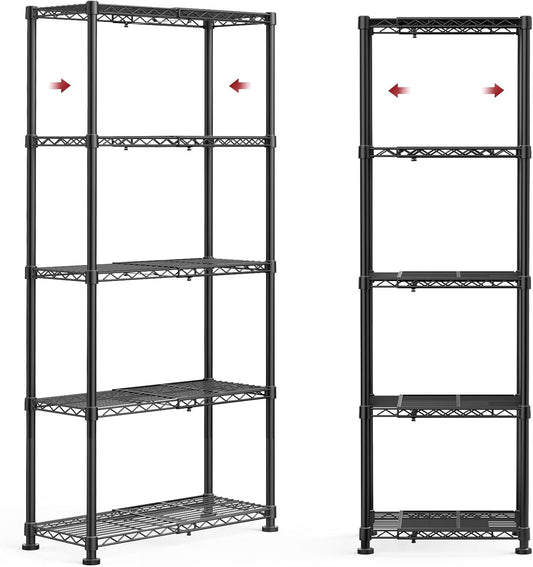 Storage Shelves - 5-Tier Width Expandable Shelf Organizer with Leveling Feet, Rust-Proof & Waterproof Wire Shelving Unit for Bedroom, Bathroom, Garage, 16.4"-27"×11.8"×60", Black
