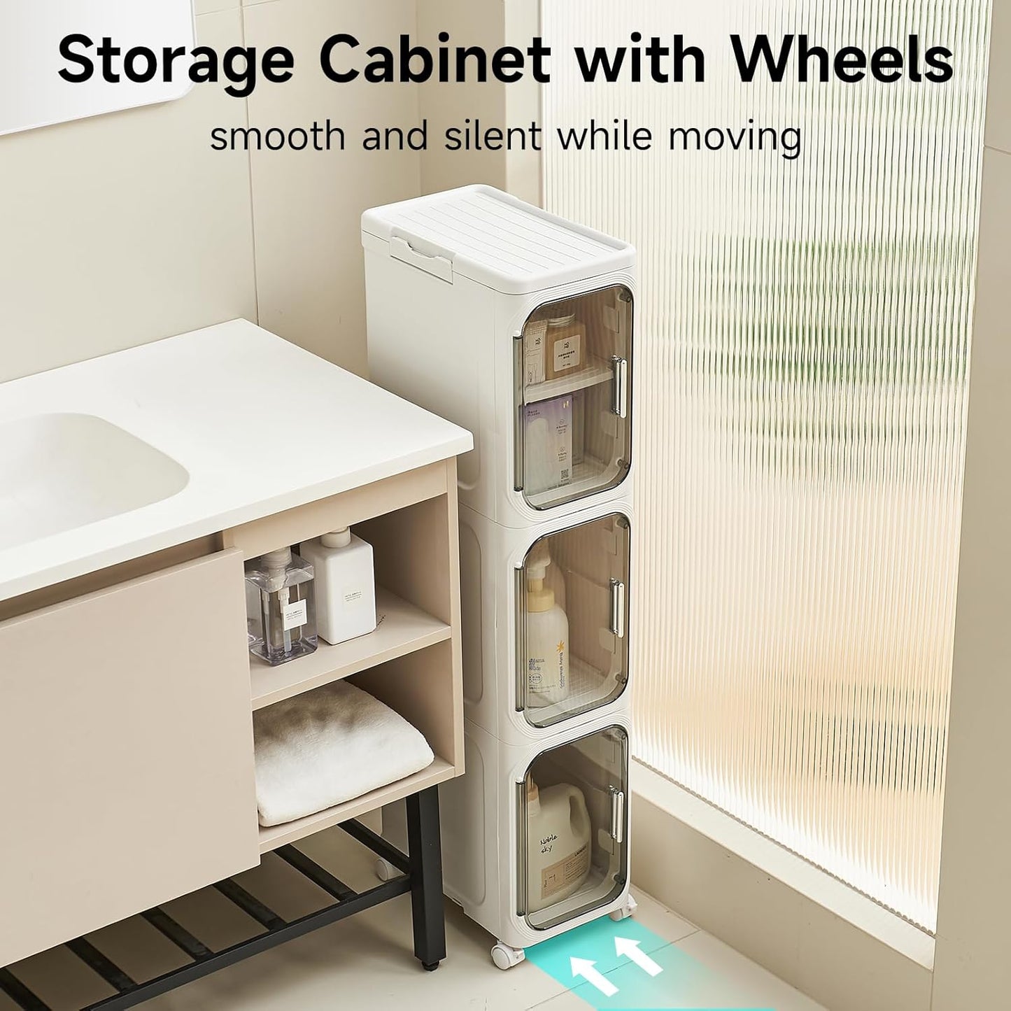 4-Tier Narrow Storage Cabinet with Magnetic Doors and Shelves, Plastic Slim Bathroom Organizers and Storage with Wheels for Small Spaces Bathroom, Kitchen, Laundry Room, White