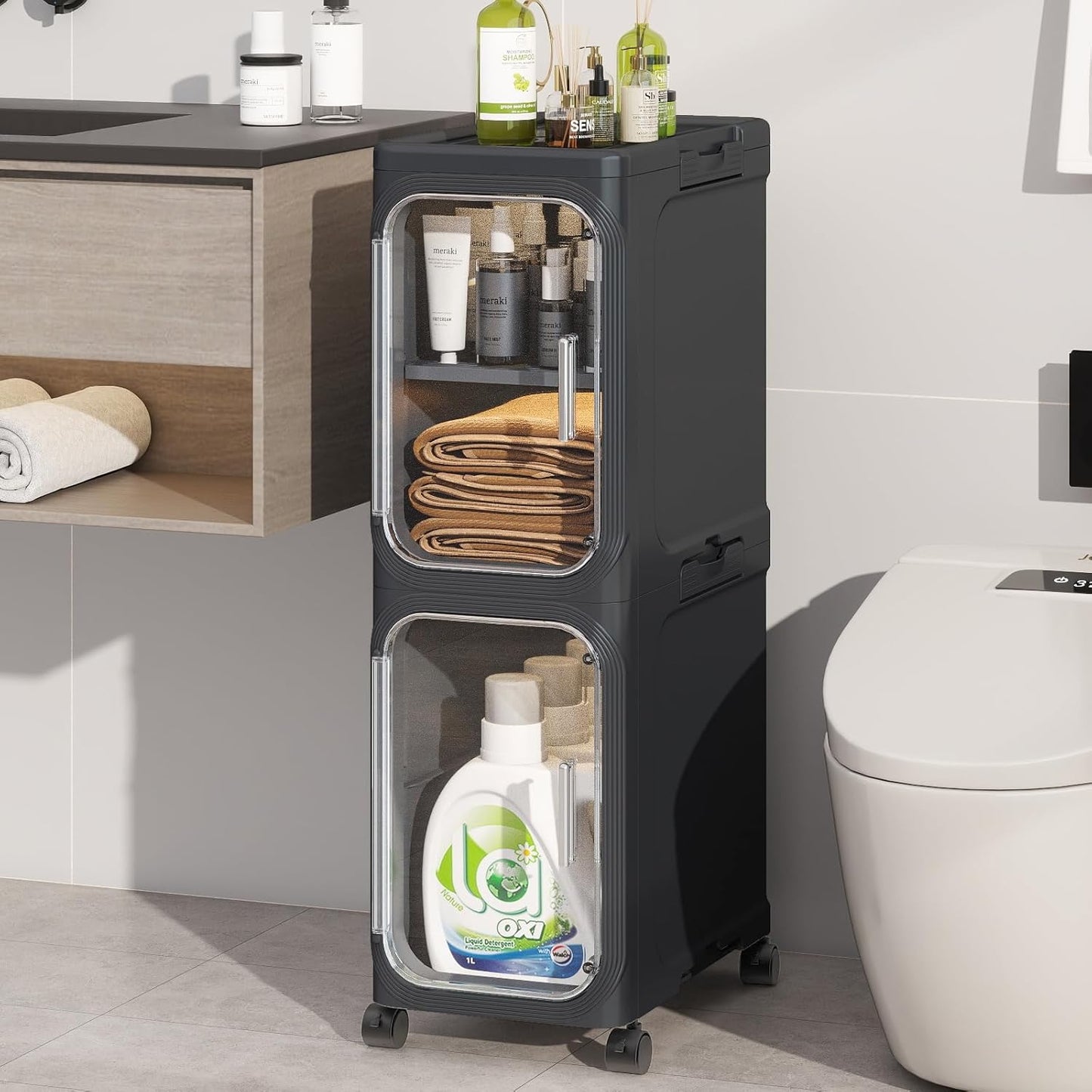 KHNR 4-Tiers Slim Bathroom Storage Cabinet, Foldable Storage Cabinets,Narrow Bathroom Storage,Movable Bathroom Storage Organizer for Small Spaces,Bathroom,Kitchen,Laundry,White