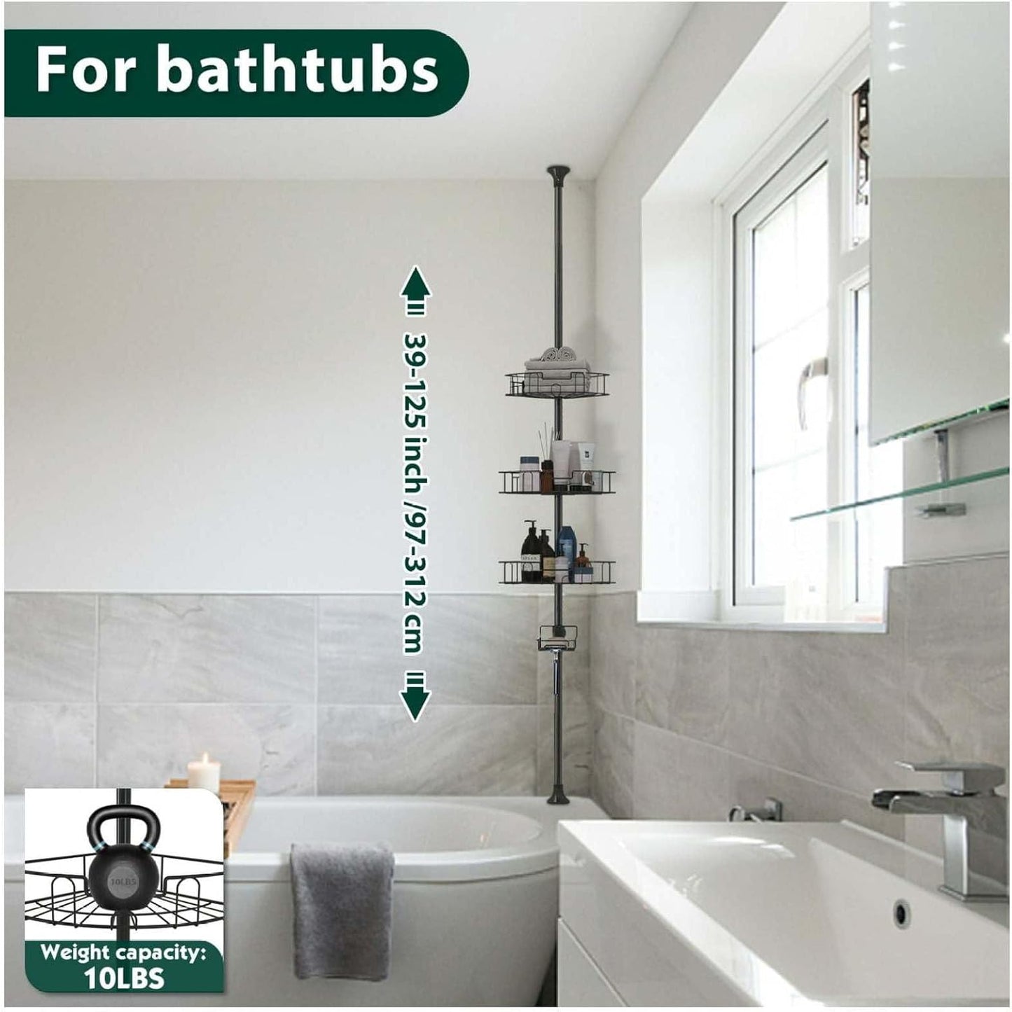 Rustproof Shower Caddy - 39-125 Inch Tension Pole Organizer with 4 Adjustable Baskets, Black Bathroom Corner Shelf for Shampoo, Conditioner & Bath Accessories