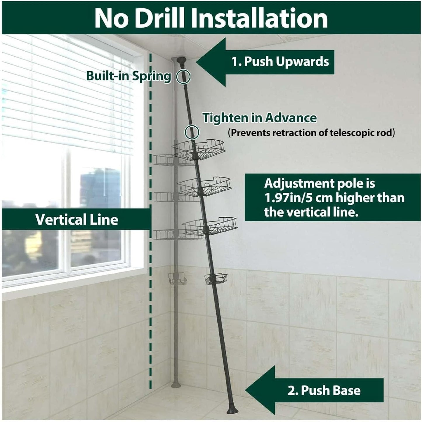 Rustproof Shower Caddy - 39-125 Inch Tension Pole Organizer with 4 Adjustable Baskets, Black Bathroom Corner Shelf for Shampoo, Conditioner & Bath Accessories