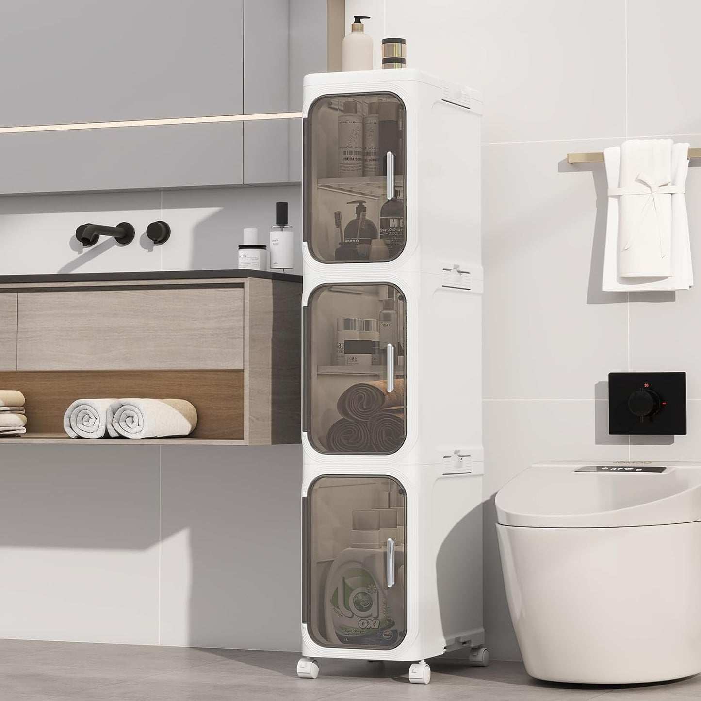 KHNR 4-Tiers Slim Bathroom Storage Cabinet, Foldable Storage Cabinets,Narrow Bathroom Storage,Movable Bathroom Storage Organizer for Small Spaces,Bathroom,Kitchen,Laundry,White