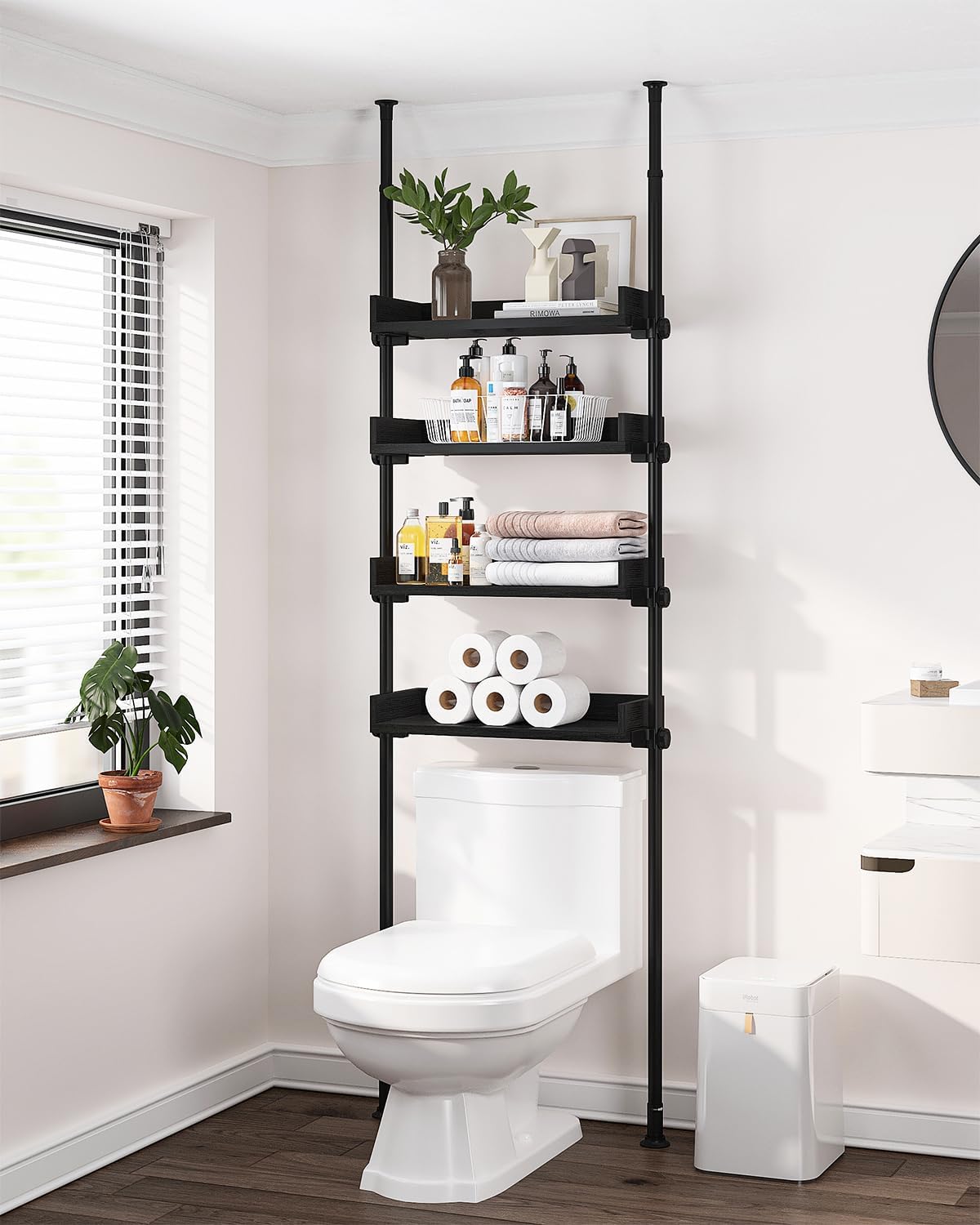 ALLZONE Bathroom Organizer, Over The Toilet Storage, 4-Tier Adjustable Wood Shelves for Small Rooms, Saver Space Rack, 92 to 116 Inch Tall, Narrow Cabinet, Rustic Brown