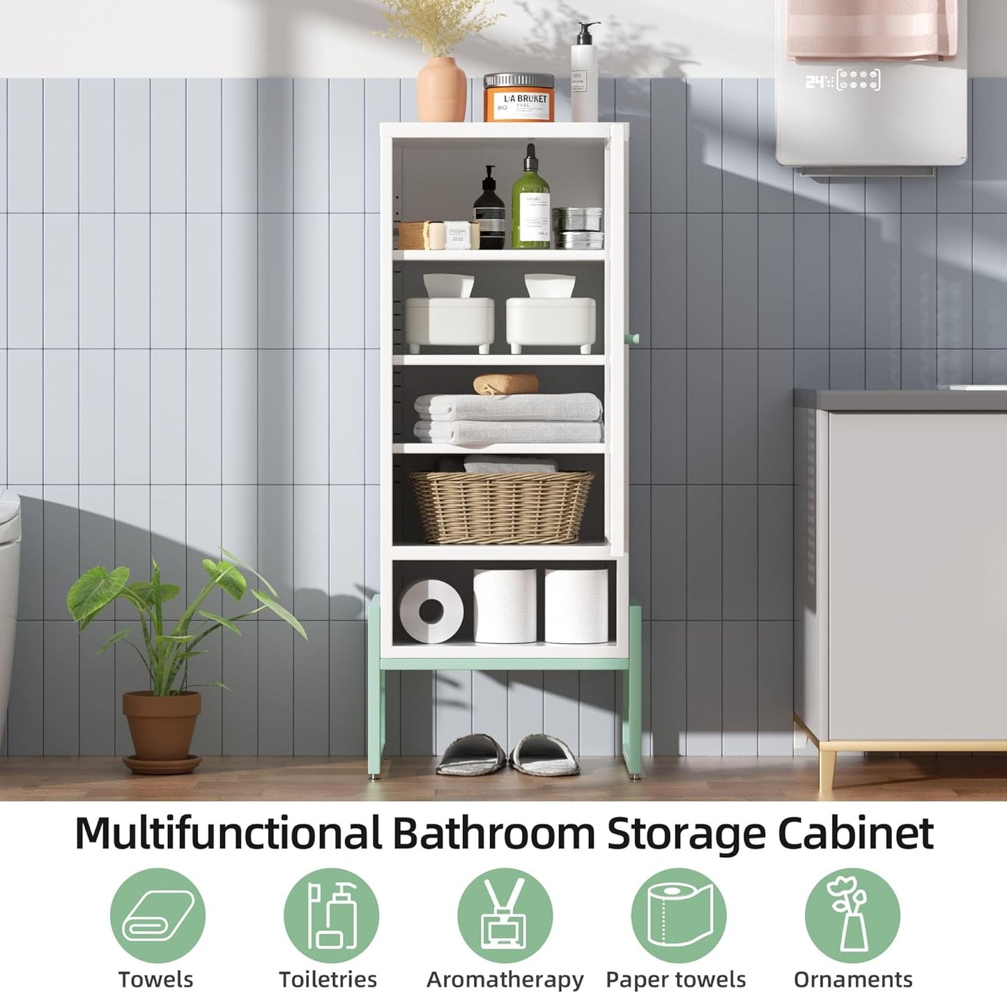 Small Bathroom Storage Cabinet with Doors and Adjustable Shelves, 42.51" H Metal Floor Cabinet for Bathroom, Laundry Room, and More - Rustproof & Waterproof