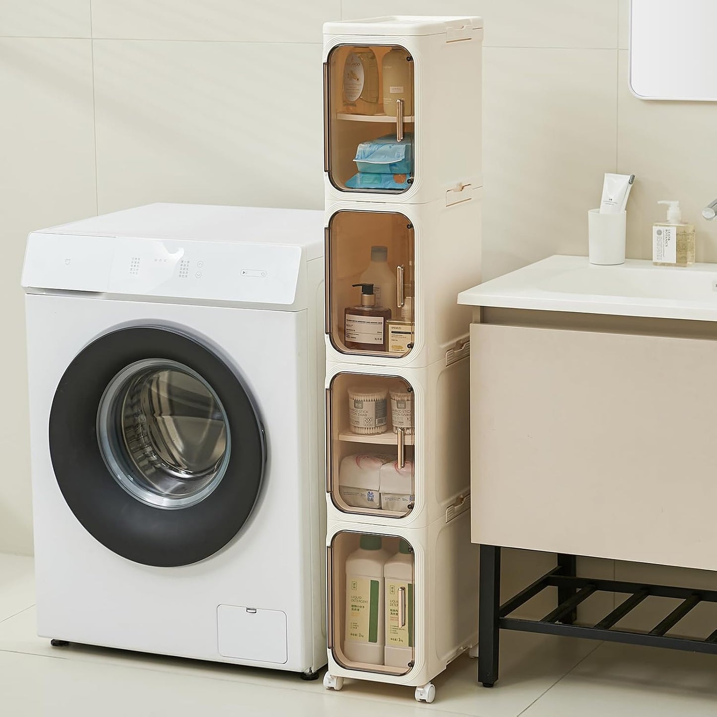 4-Tier Narrow Storage Cabinet with Magnetic Doors and Shelves, Plastic Slim Bathroom Organizers and Storage with Wheels for Small Spaces Bathroom, Kitchen, Laundry Room, White