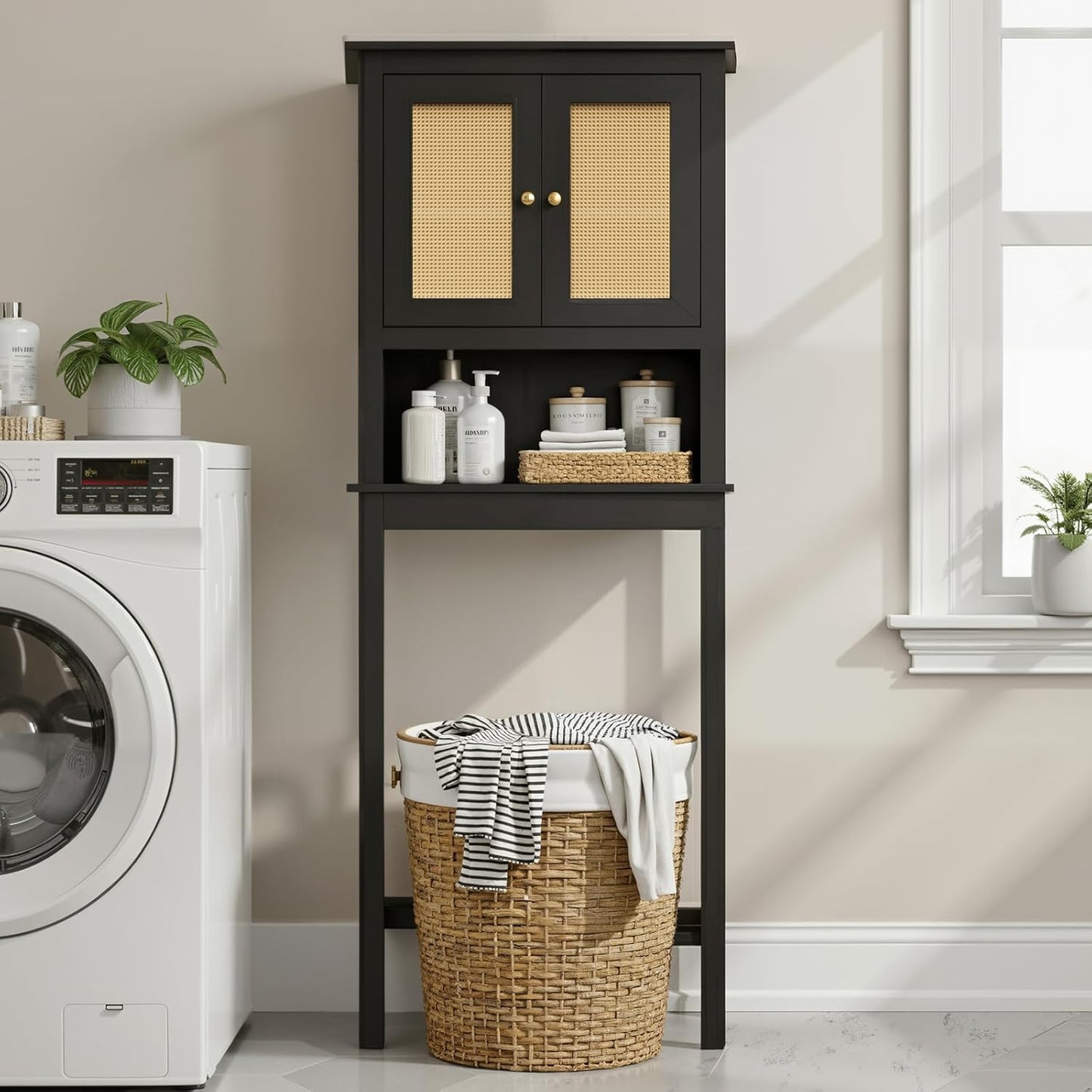 Over The Toilet Storage Cabinet, 3-Tier Bathroom Organizer with Rattan Door, Wooden Space Saver for Restroom, Bathroom, Laundry