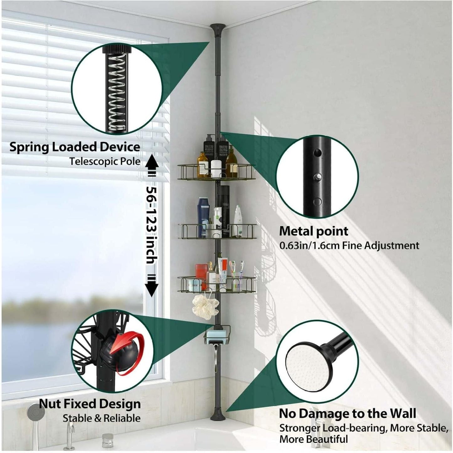 Rustproof Shower Caddy - 39-125 Inch Tension Pole Organizer with 4 Adjustable Baskets, Black Bathroom Corner Shelf for Shampoo, Conditioner & Bath Accessories