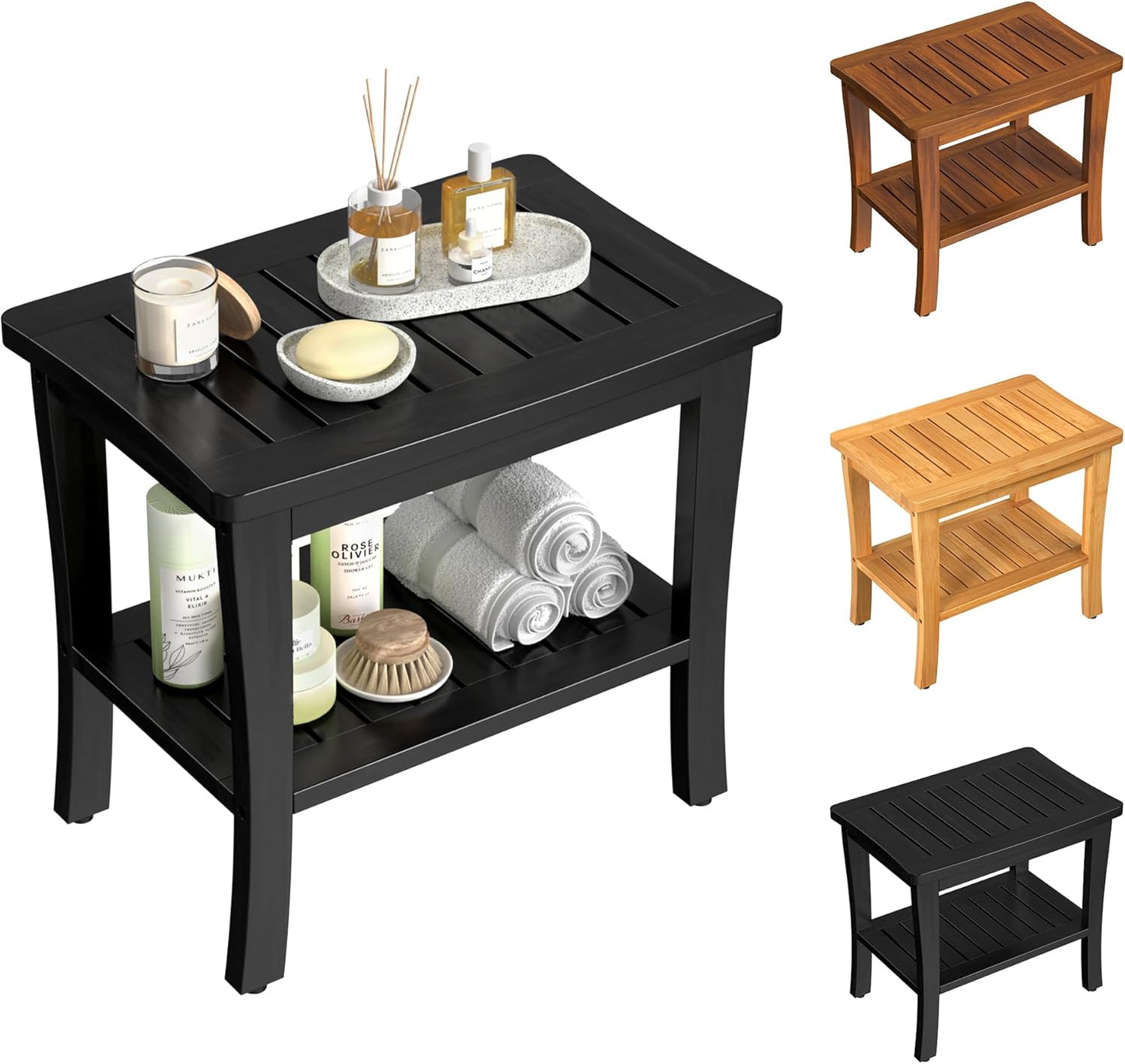 Teak Wood Shower Bench Stool with Storage Shelf, Wooden Waterproof Bathroom Spa Bathing Teak Shower Stool with Non-Slip Feet Gadget 2024 for Indoor or Outdoor Shower Chair Seat Organizer