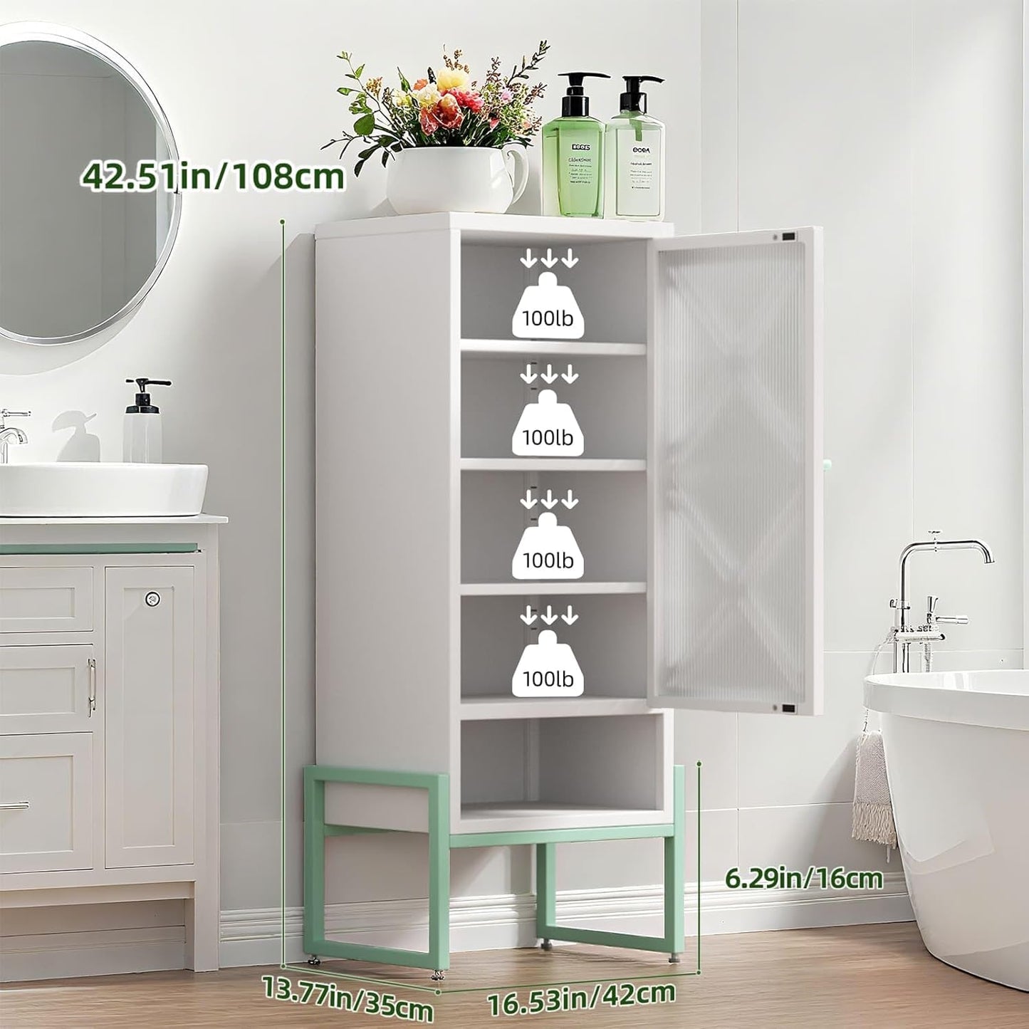 Small Bathroom Storage Cabinet with Doors and Adjustable Shelves, 42.51" H Metal Floor Cabinet for Bathroom, Laundry Room, and More - Rustproof & Waterproof