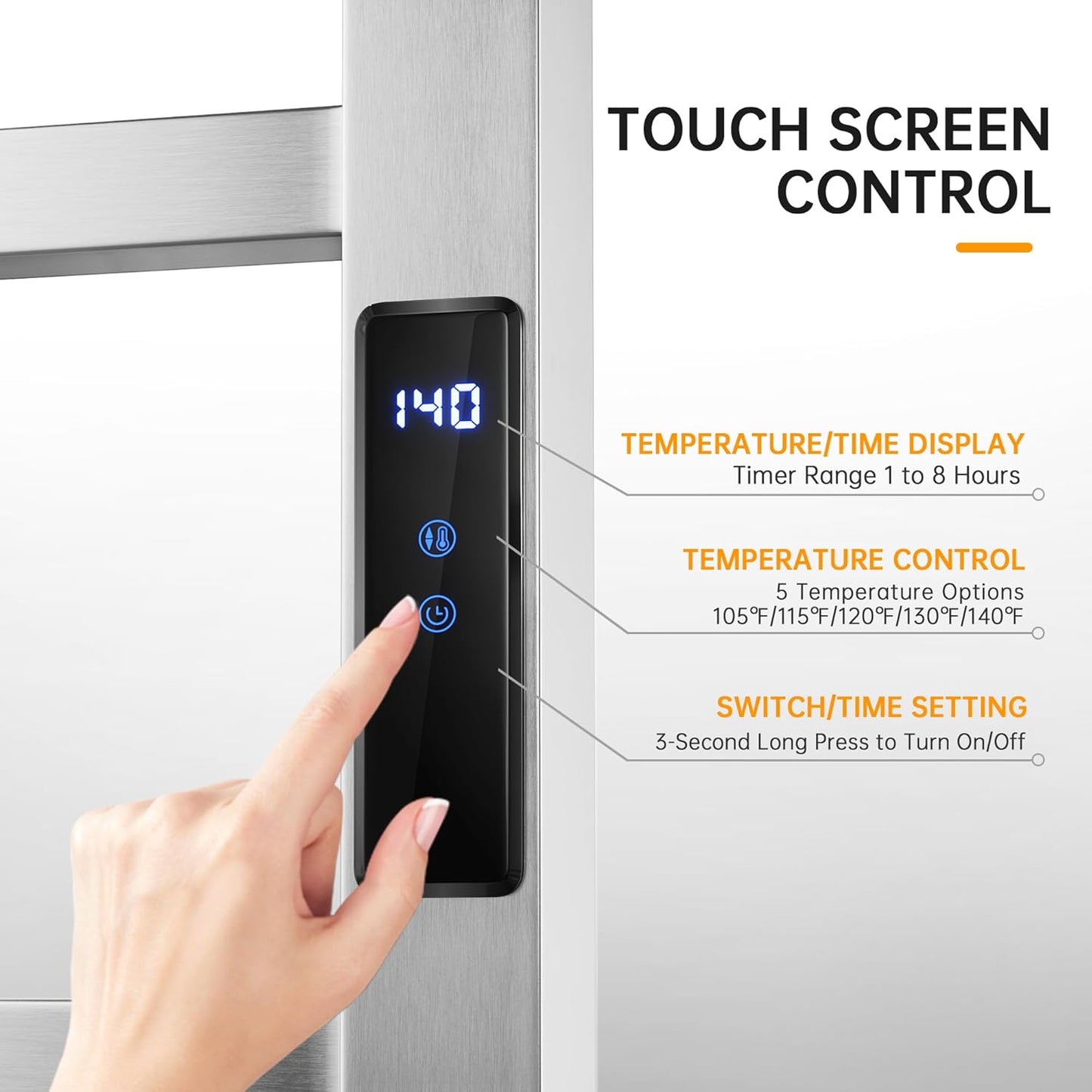 Towel Warmer Rack, Heated Towel Racks for Bathroom, Wall Mounted Towel Warmer, Stainless Steel 8-Bars Drying Rack with Intelligent Touch Screen Timer, Brushed Nickel