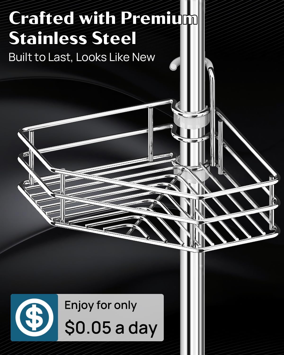 SEIRIONE Corner Shower Caddy Tension Pole, Quick Setup, Rust-Free Bathroom Shower Organizer Corner for Bathtub Shampoo Storage, 4-Tier Adjustable Shelf, Drill Free, Fits 34 to 116 Inch Height, Silver