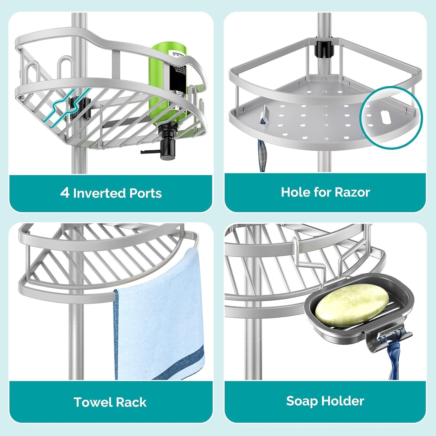 HAMITOR Corner Shower Caddy Tension Pole: Rustproof 4-Tier Bathroom Organizer Shelves for Bathtub Shampoo Storage - 47-121 Inch Quick Install Adjustable Rod Standing Rack with Soap Rack - Silver Gray