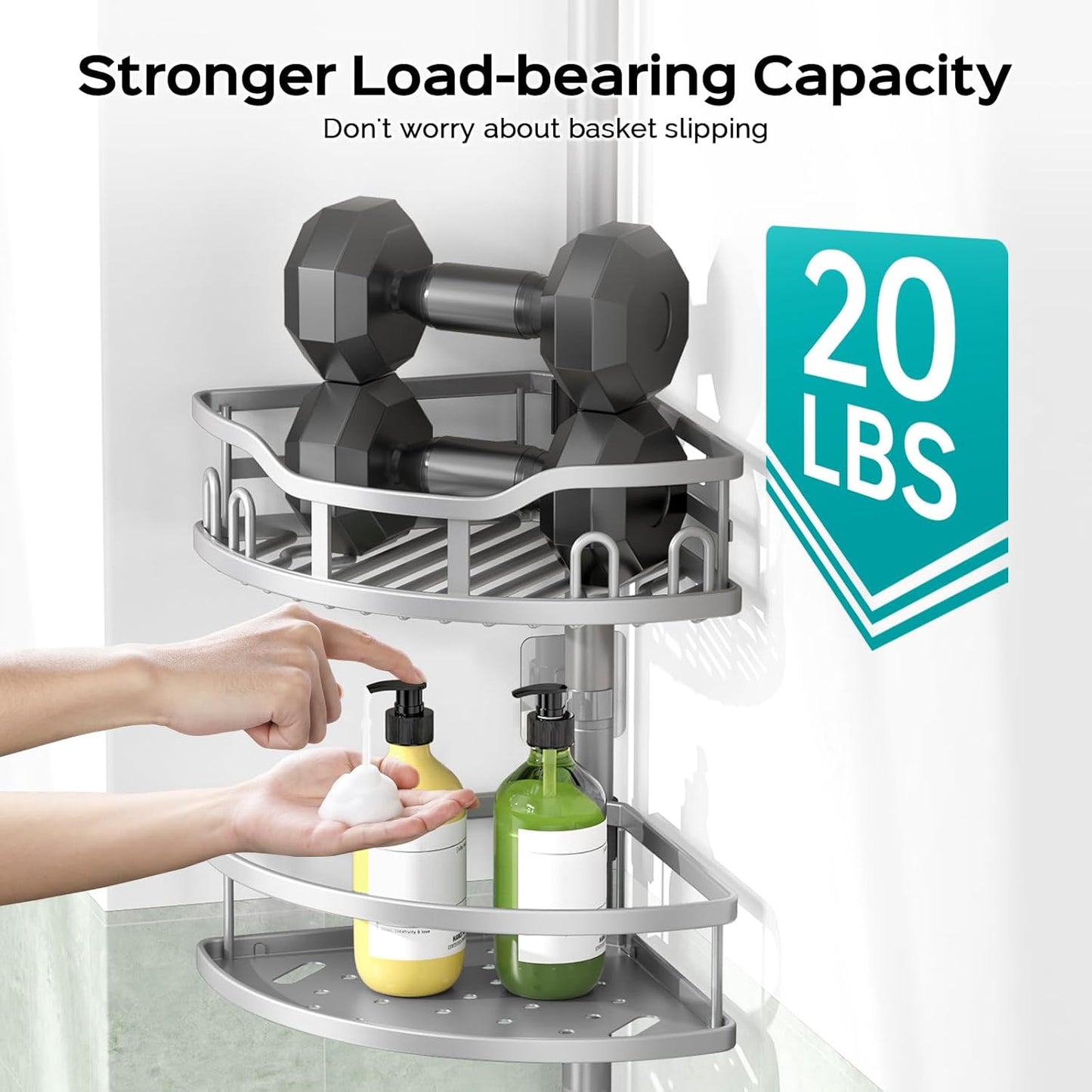 HAMITOR Corner Shower Caddy Tension Pole: Rustproof 4-Tier Bathroom Organizer Shelves for Bathtub Shampoo Storage - 47-121 Inch Quick Install Adjustable Rod Standing Rack with Soap Rack - Silver Gray