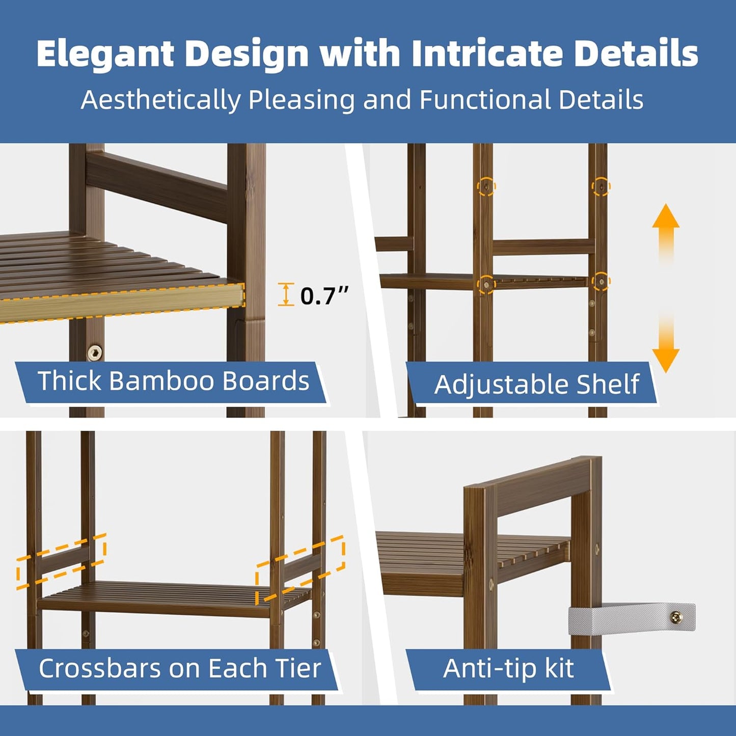 HITNET Bamboo Book Shelf, Tall Narrow Bookcase, Bathroom Shelving Unit 5 Tier Floor Standing Adjustable Bookshelf for Small Spaces, Walnut