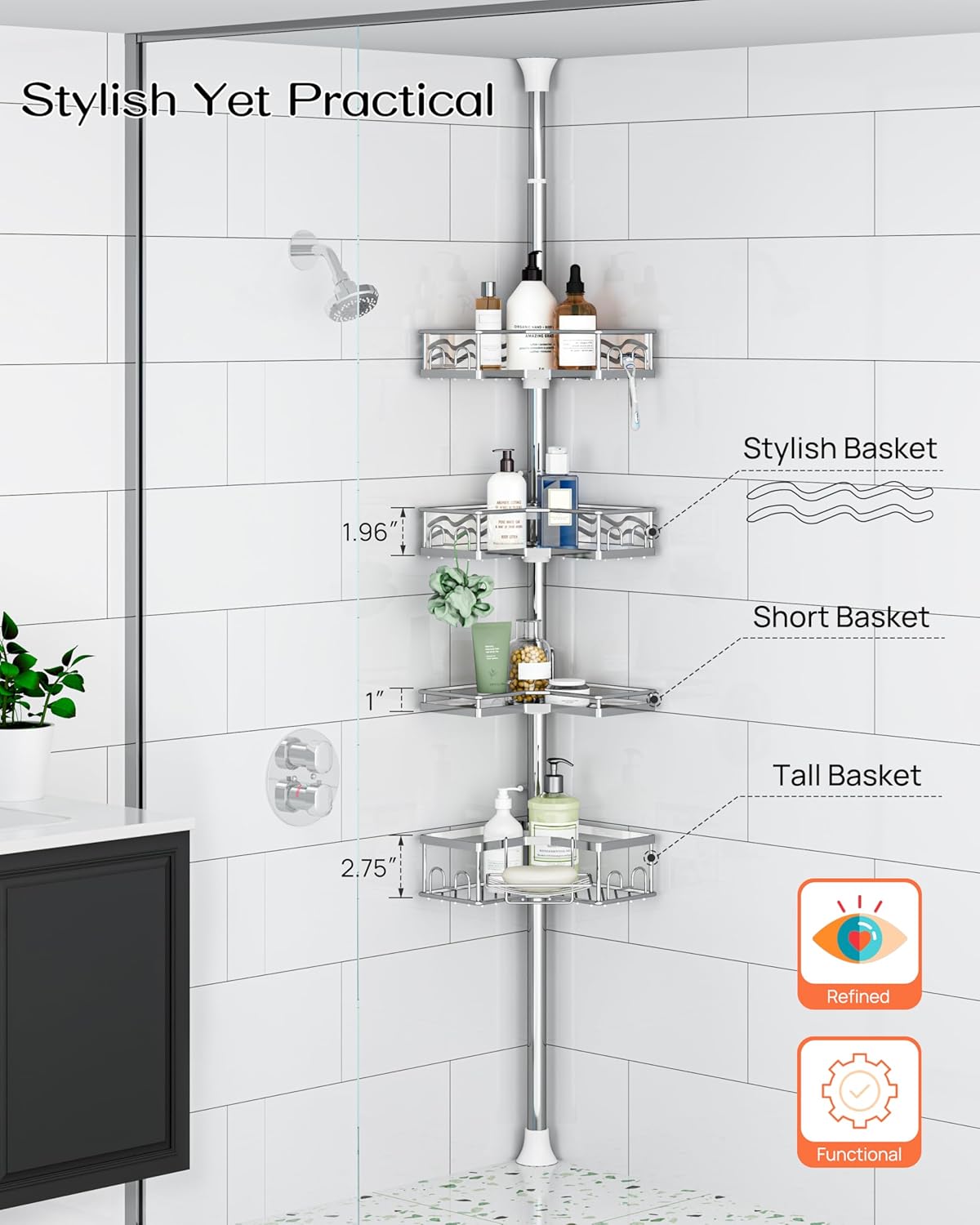 ALLZONE Corner Shower Caddy Tension Pole, Quick to Install, Easy to Adjust, Rust-Free Stainless Steel Shower Organizer Corner and Storage Shelves, Drill Free, Extends from 34 up to 116 Inch Tall