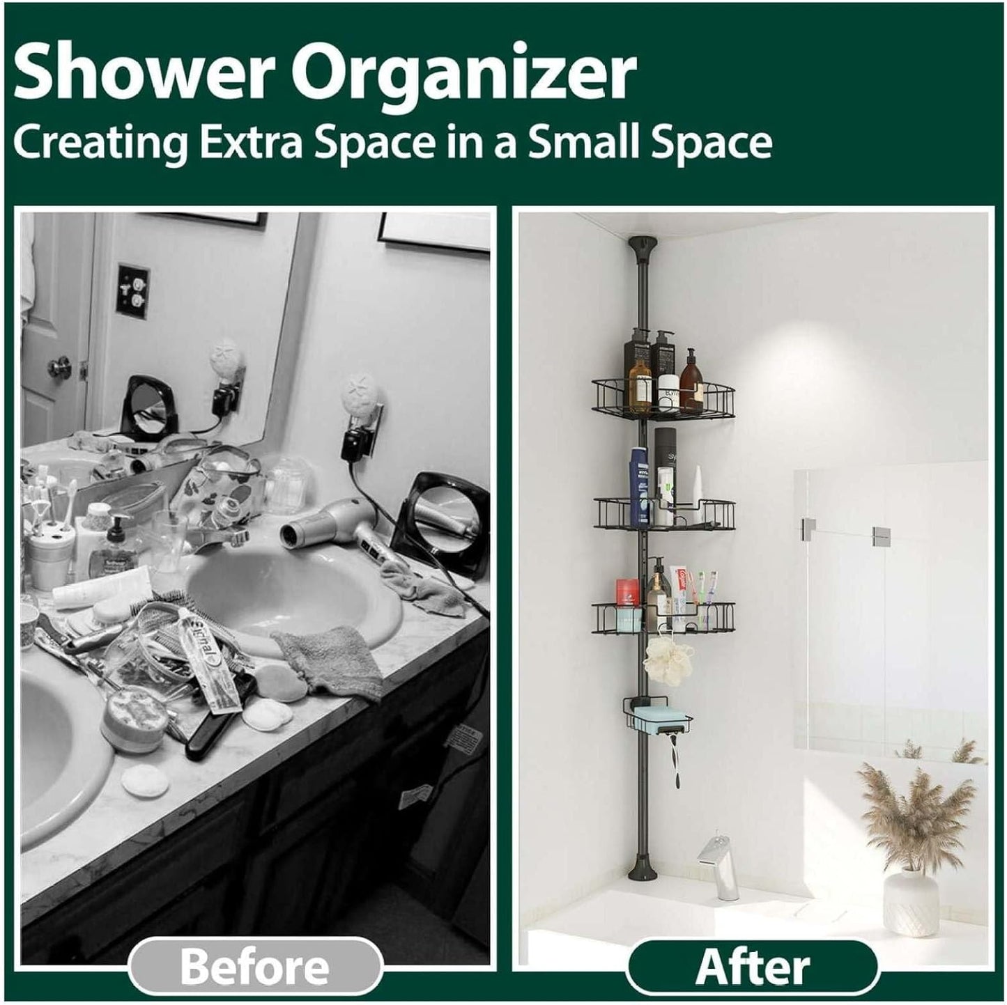 Rustproof Shower Caddy - 39-125 Inch Tension Pole Organizer with 4 Adjustable Baskets, Black Bathroom Corner Shelf for Shampoo, Conditioner & Bath Accessories