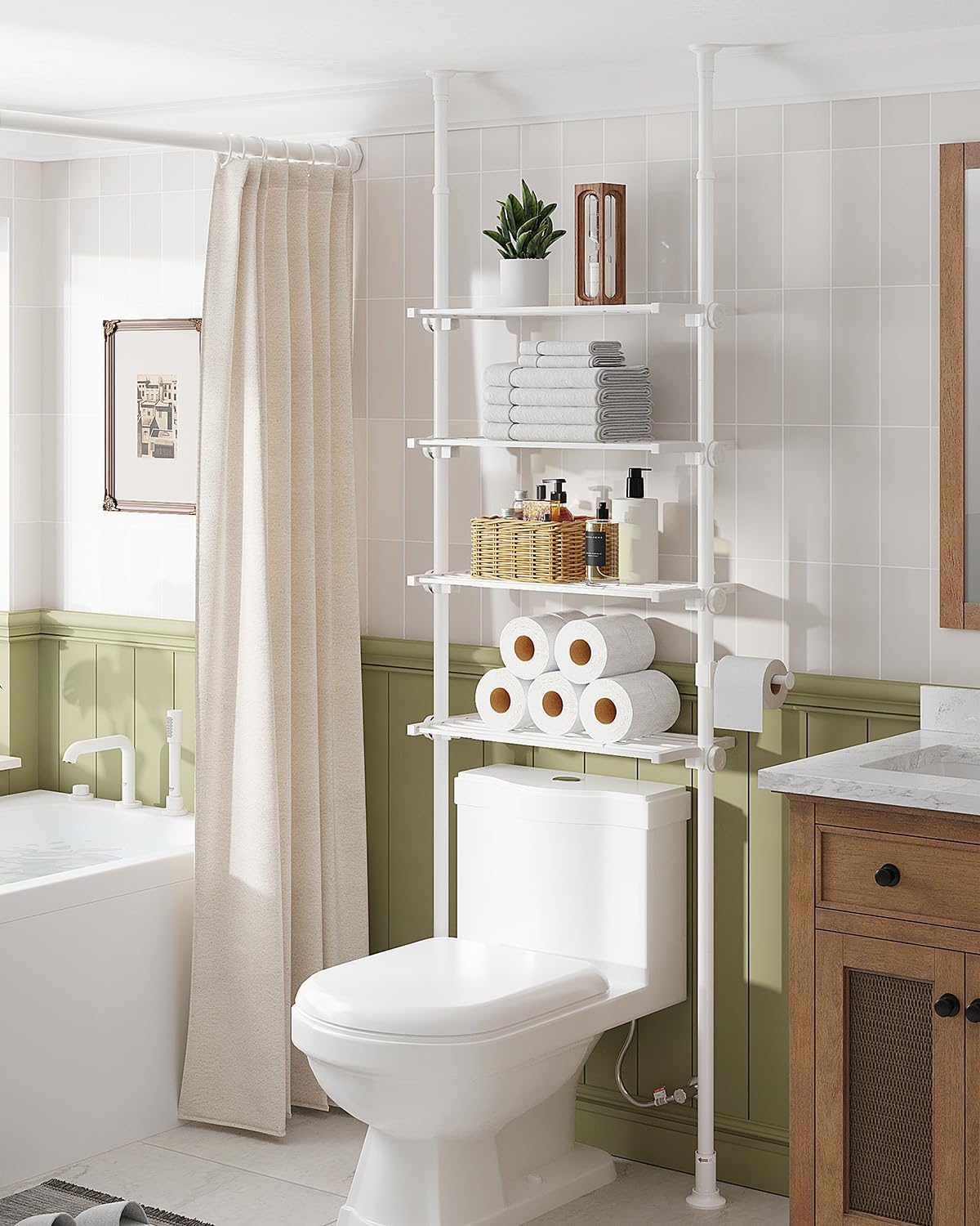 ALLZONE Adjustable Over The Toilet Storage Shelf, 4-Tier Ample Over Toilet Bathroom Organizer and Storage,Tension Mounted Above Toilet Storage Cabinet for Versatility, Fits 64-113 Inch Heights, Black